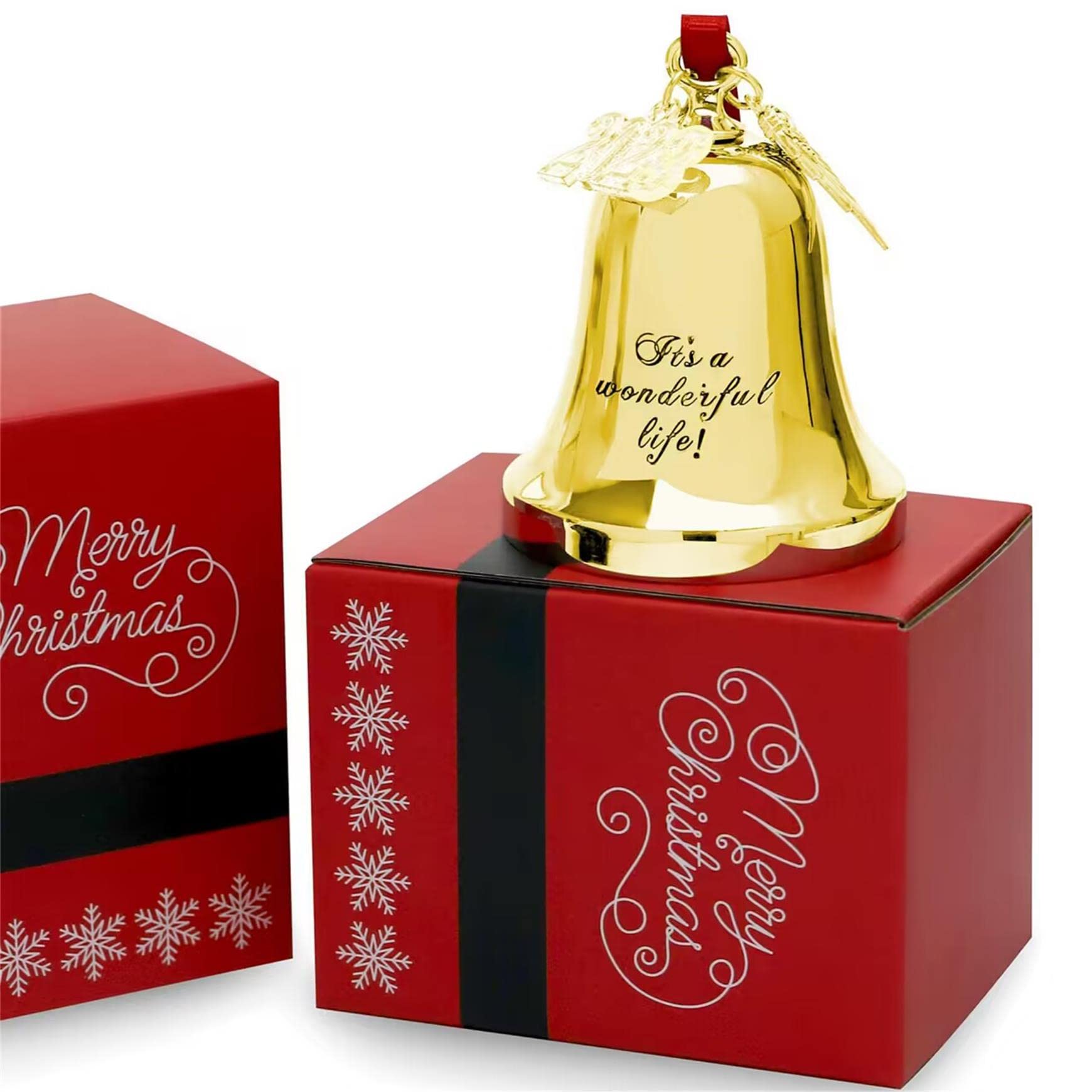 JUPPE 2025 Gold It's A Wonderful Life Christmas Bell Ornaments for Christmas Tree Wedding Anniversary Decoration Pendants with Angel Wings (Golden)