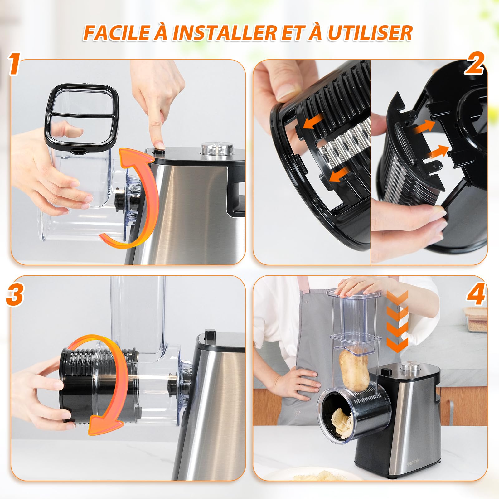 Anatole Coupe Légumes Électrique Rape à Fromage Acier Inox 6 Lames 250W Rapeuse Carottes Professionnel Grand Calibre Trancheuse de Légumes Multifonctions 220V Fiche UE
