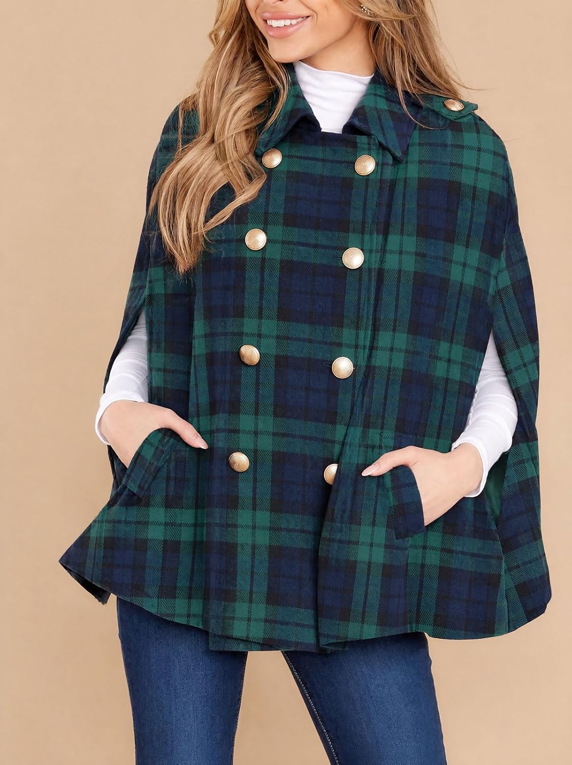 Womens Plaid Jacket Double Breasted Winter Cape Coats Turn Down Poncho with Pockets