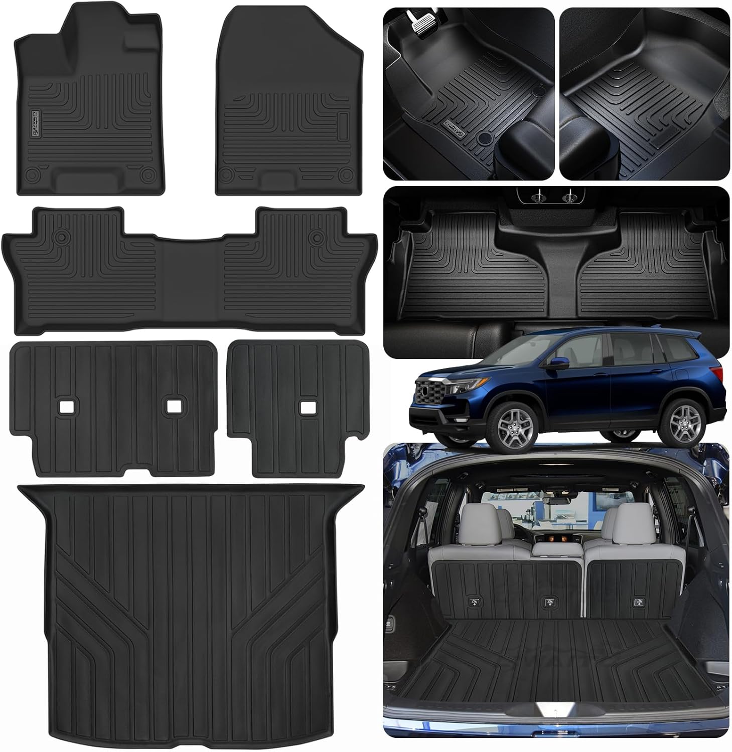 Floor Mats & Trunk Mat & Backrest Mat for 2019-2024 2025 Honda Passport TPE All Weather Protection Car Floor Liners & Velcro Cargo Liners Covering The Backrest