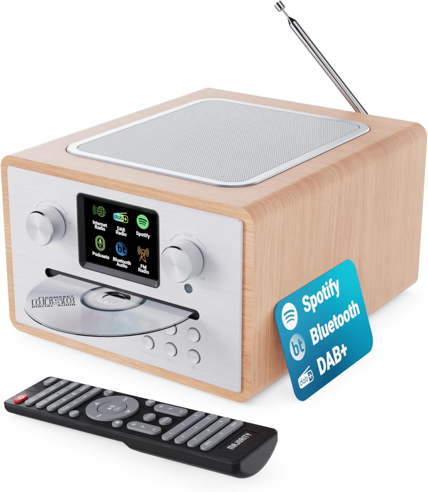 Internet Radio CD Player and DAB+ | Bluetooth, Spotify Connect, Podcasts | FM Radio, Dual Alarm, 80 Presets | Custom EQ Settings | Full Colour LED Display & Remote Control | MAJORITY Homerton (Oak)