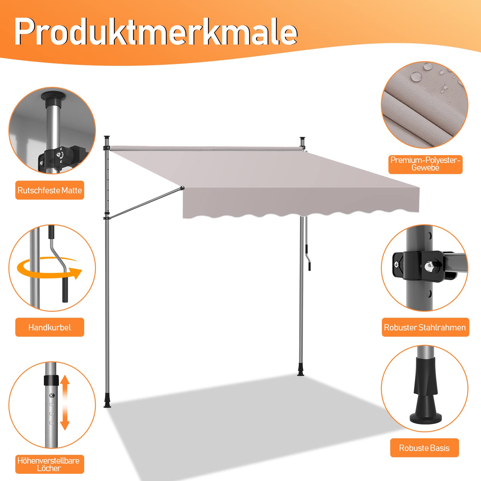 Fiqops Tenda da Sole 300x120cm, Tenda da Sole per Balcone, Regolabile in Altezza, Idrorepellente, Senza Forare, Beige