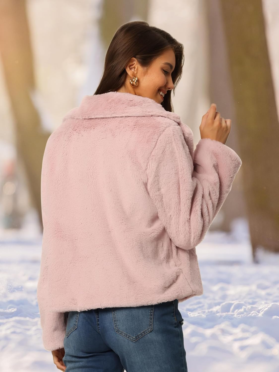 Seta T Women's Cropped Faux Fur Coat Fashion Winter Open Front Jacket Notch Lapel Long Sleeve Fluffy Coat - Image 5