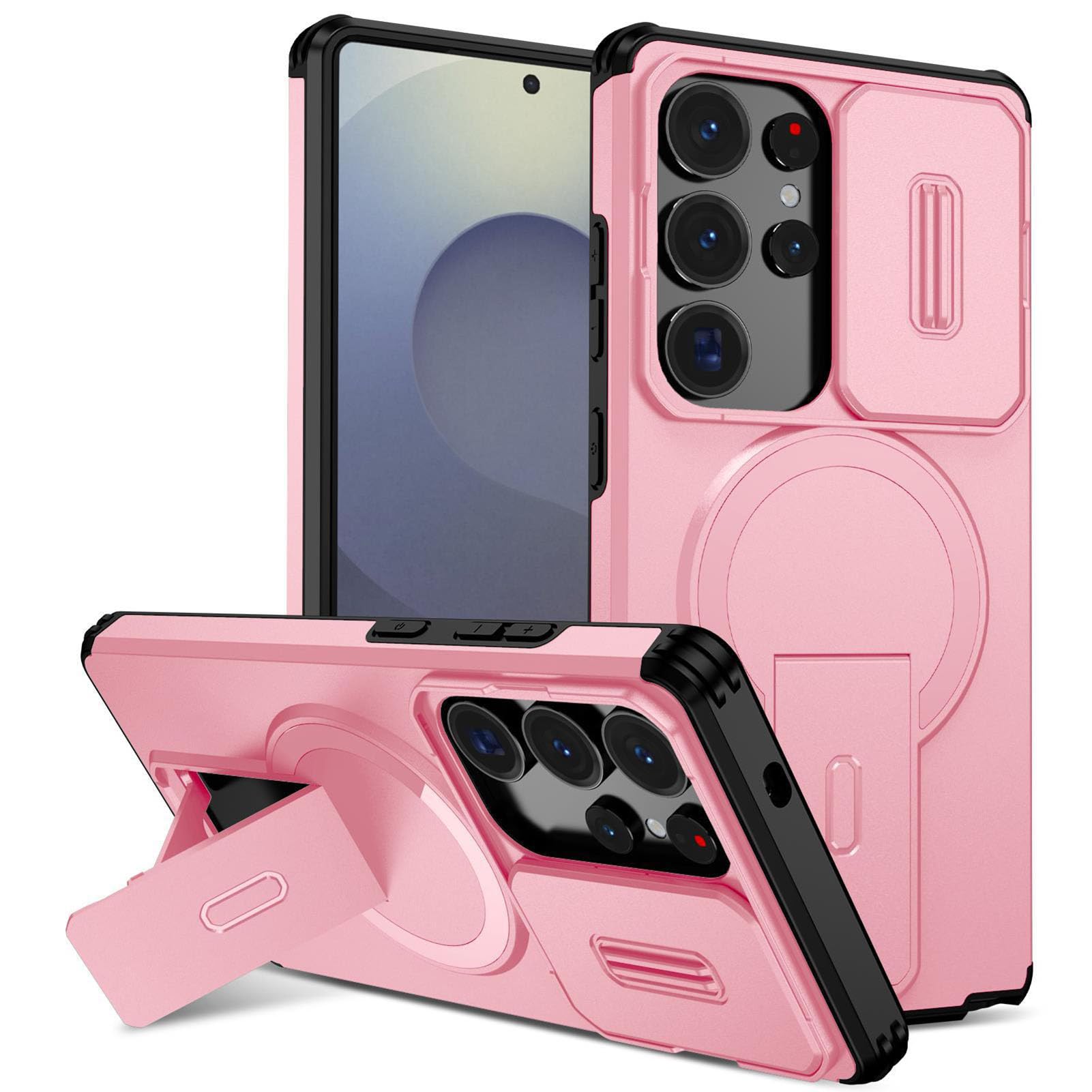 Coque Samsung S26 Ultra rose avec protège-objectif coulissant et support