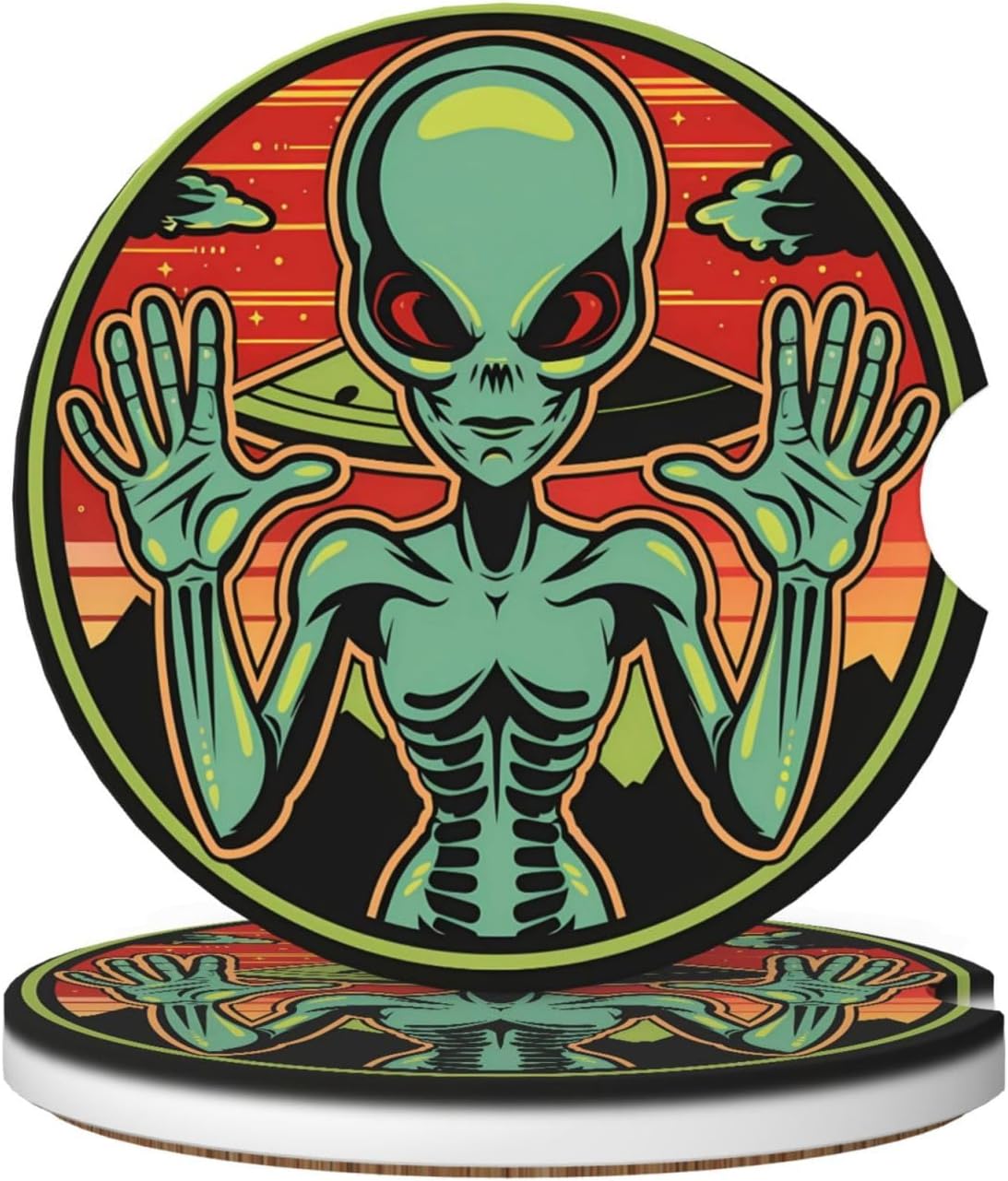 2 Pack Green Alien Retro UFO Car Cup Holder Coasters, 2.56 Inch Anti Slip Ceramic Absorbent Coaster with Cork Base and Finger Notch Car Accessories Interior for Women & Men