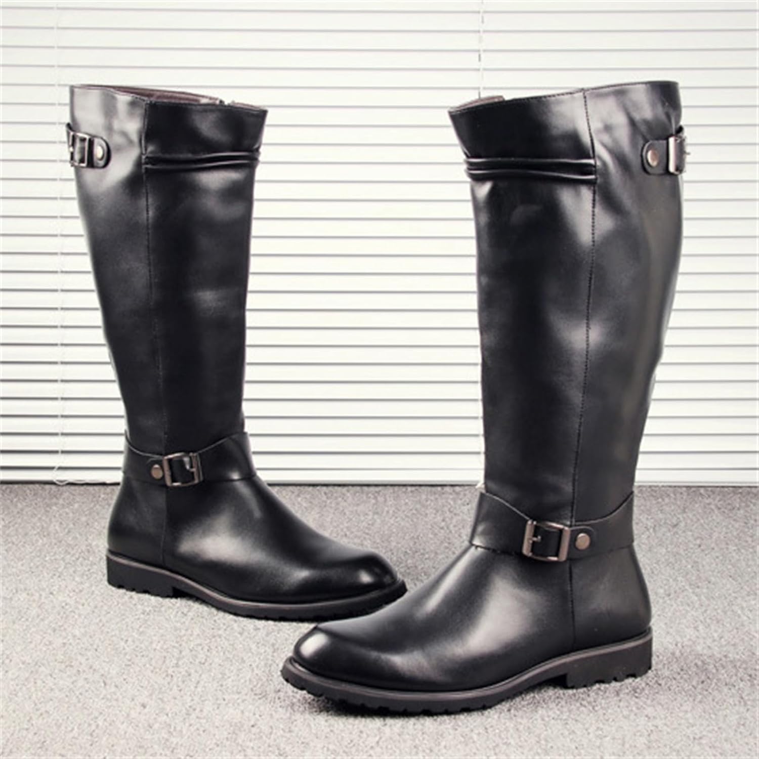 Men's Retro Leather Pull On Combat Military Boot Fashion Low Heel Round Toe Soft Steampunk Y2K Knee High Motorcycle Boots For Casual Daily Wear Office Business Outfits