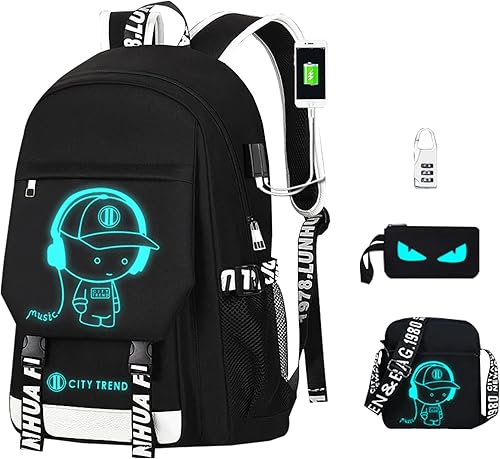 Mochila escolar luminosa para niños con bolsa de hombro USB, bolsa de lápiz con cerradura para niños (6-4PCS)