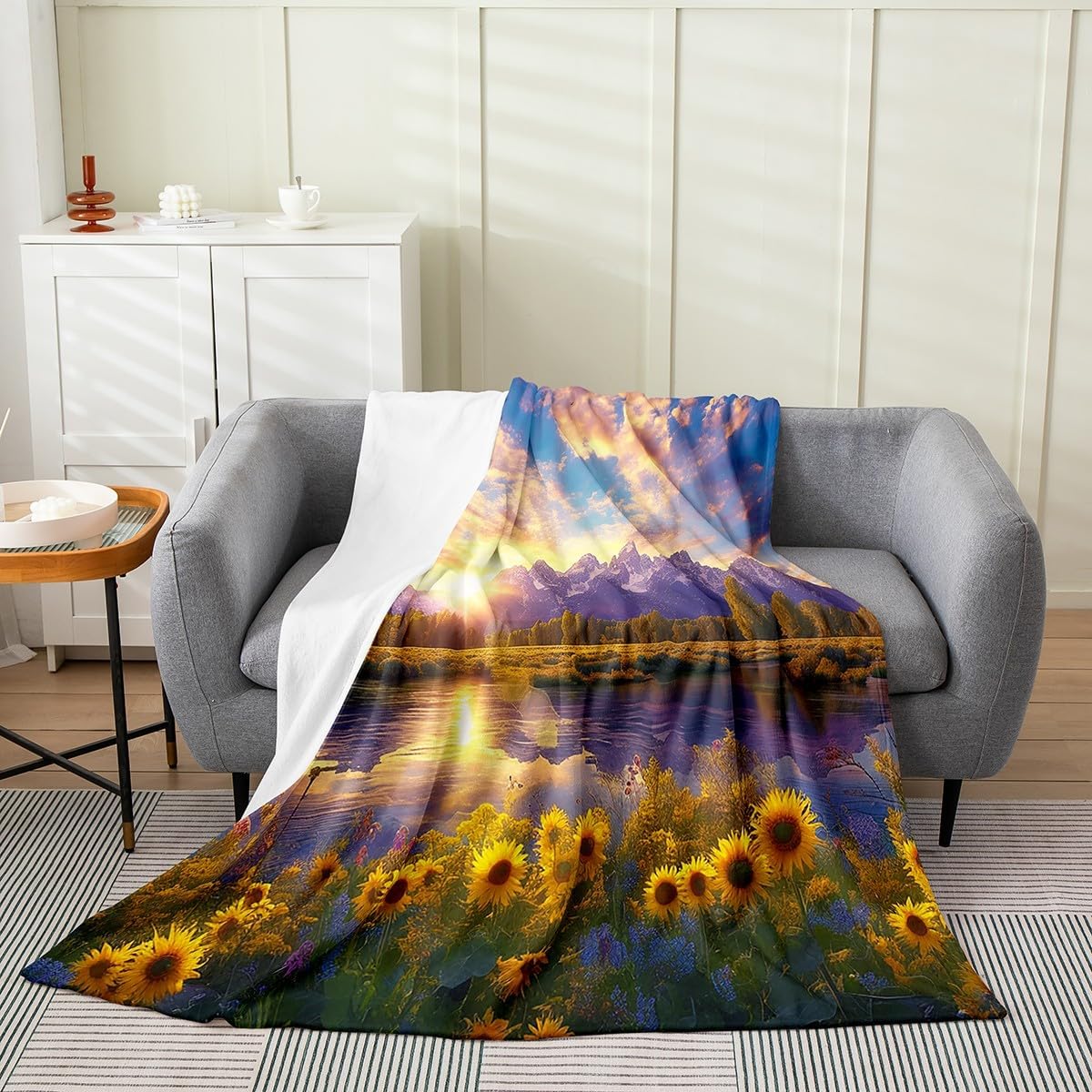 Erosebridal Sunflower Flannel Blanket Baby 30X40 | Sunset Natural Scenery Lake Mountain Peak Fleece Blanket,Sunshine Botanical Fuzzy Plush Throw Soft Microfiber Crib Stroller Travel