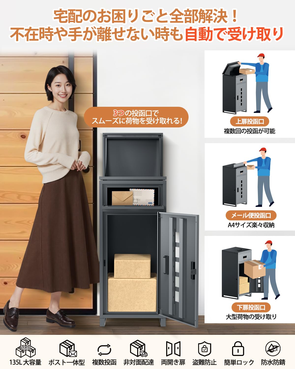 Amazon.co.jp: 【140L大容量ポスト一体型・複数投函】宅配ボックス 