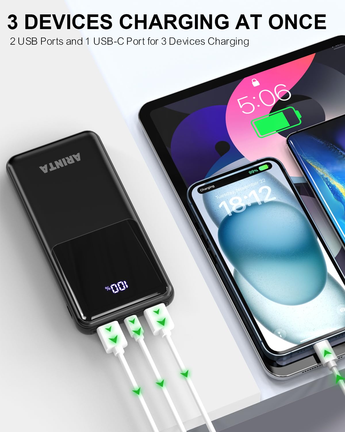 Power Bank Caricabatterie portatile 10000 mAh PD 22,5 W, batteria sottile con display a LED e ingresso/uscita USB-C, compatibile per iPhone 16 15 14 13 12, Galaxy S24 23 22 21, tablet, ecc