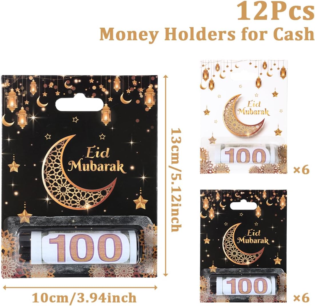 12pcs,Eid Mubarak Money Holders For Cash, Black Gold White Moon Star Lantern Paper Ramadan Kareem Cash Gift Ideas Decorations for Islamic Muslim Home Party Supplies Favor