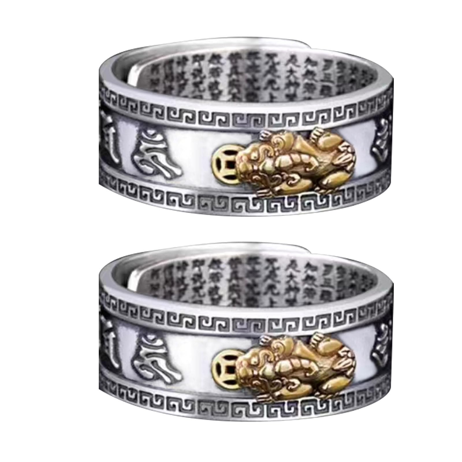 SLIVERBA Pack de 2 anillos Feng Shui Pixiu Mantra, Feng Shui Anillo Apertura Ajustable Mantra Amuleto Riqueza Felicidad Anillo Regalo, Joyas Regalos para Hombres Mujeres Tamaño Ajustable, Plata