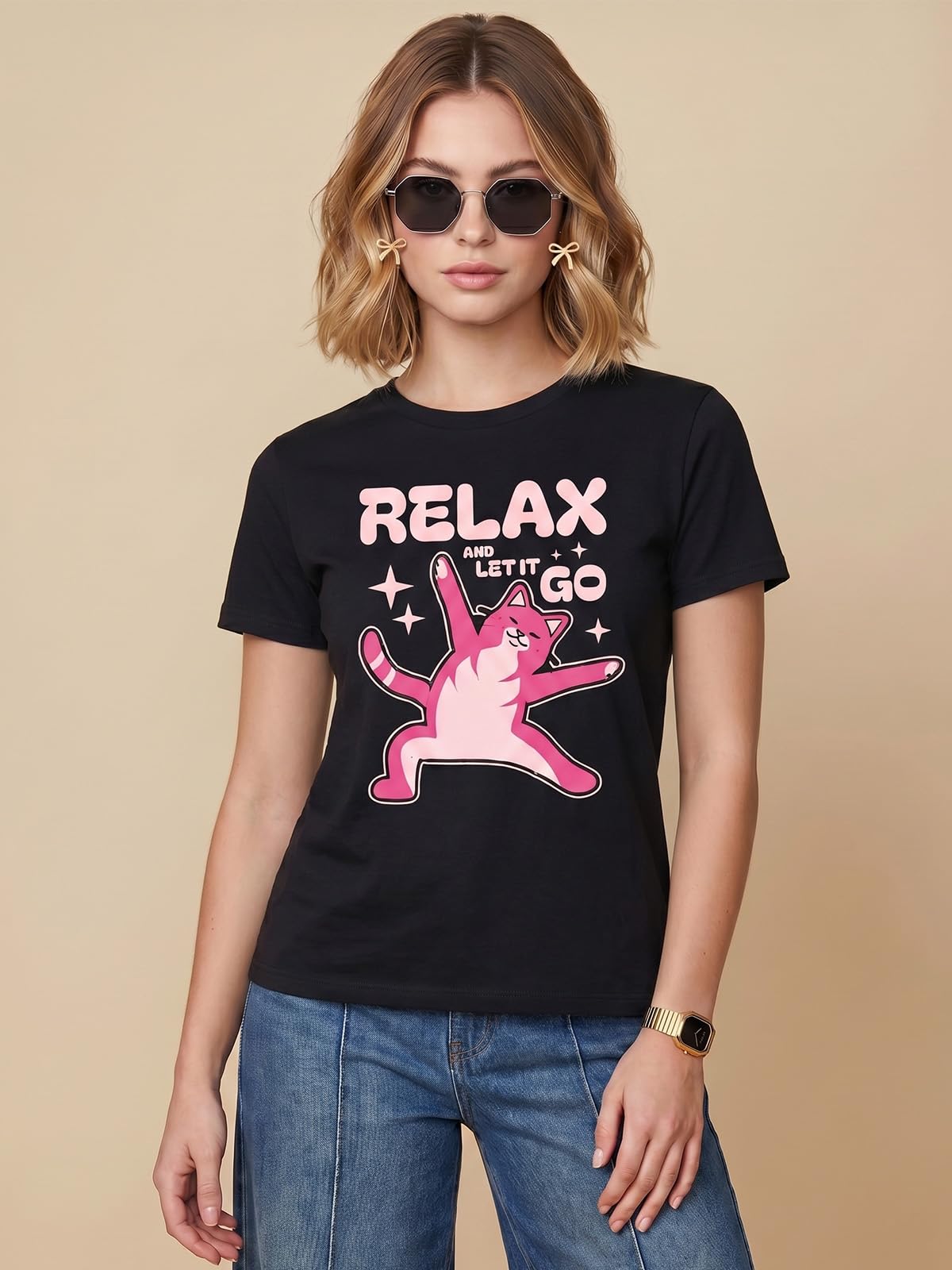JUNEBERRY® Camiseta estampada de algodón puro para mujer de corte regular para uso diario, viajes y fines de semana (blanco, cisne y negro)