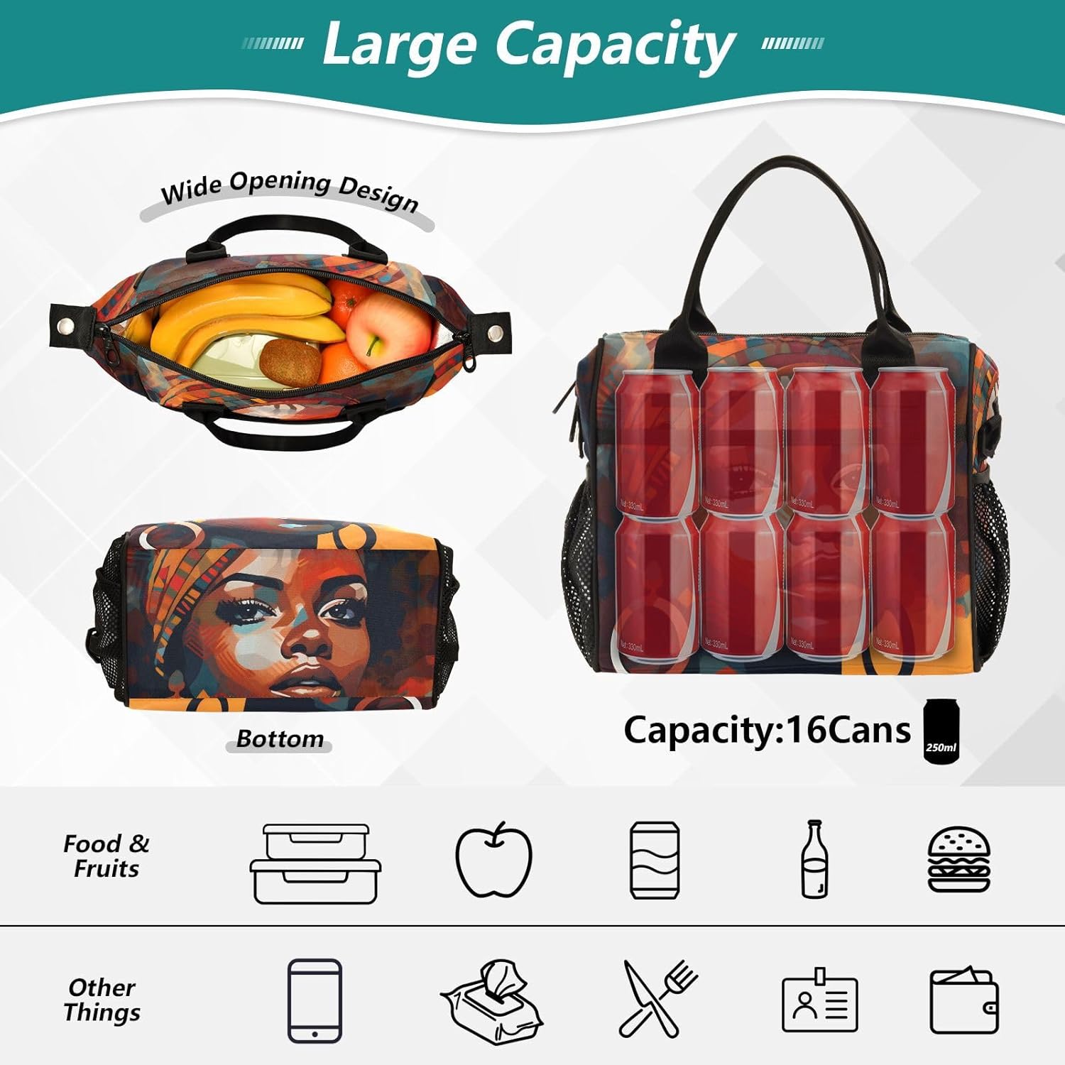 American Woman Abstruct Color Cooler Bag Lunch Box Lunch Bag Reusable Tote Shoulder Bag Insulated Lunch Bag for Outdoor Picnic Camping