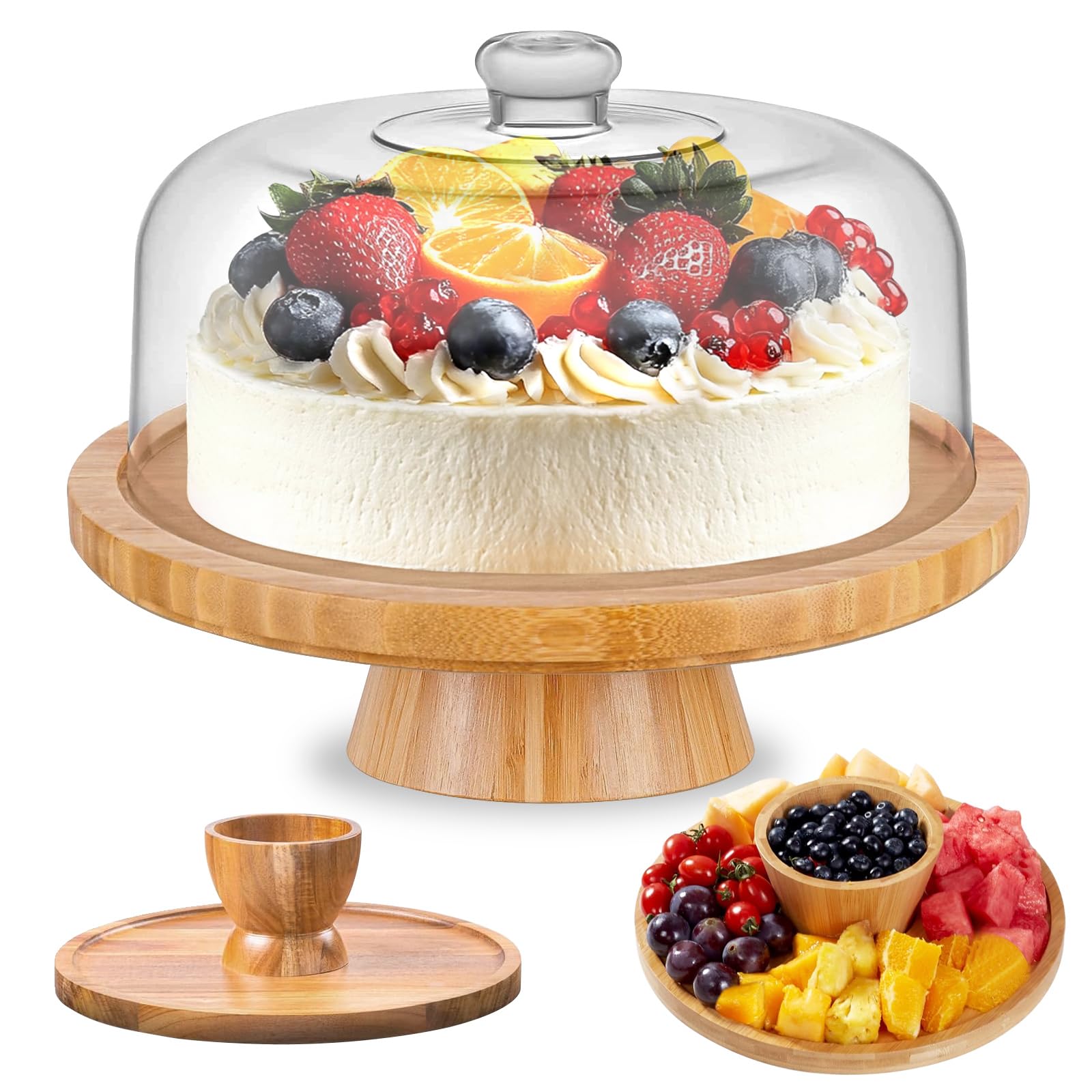 MEETOZ Acacia Wood Cake Stand with Acrylic Lid, 12in Round Cake Holder, 2-in-1 Multi-Functional Dessert Table Display Set, Charcuterie Board for Cheese, Chips & Dips, Nachos, Cake Holder with Dome