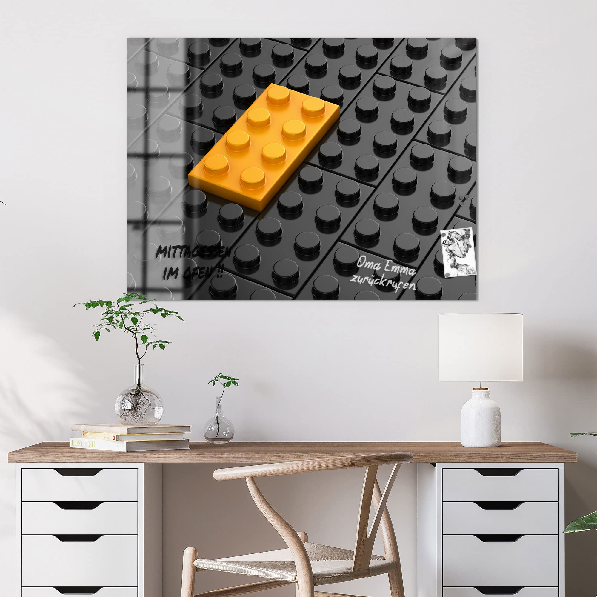 DEQORI Szklana tablica magnetyczna, wymiary 120 x 90 cm, motyw "klocki z wypustkami, tablica memo ze szkła, tablica magnetyczna z magnesami, długopisem i chusteczką do kuchni i biura, tablica magnetyczna i do pisania