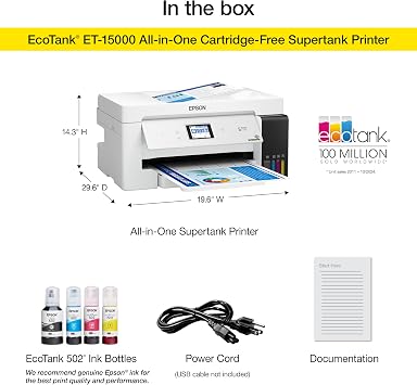 Epson EcoTank ET-15000 Wireless Color All-in-One Supertank Printer with Scanner, Copier, Fax, Ethernet and Printing up to 13 x 19 Inches, White