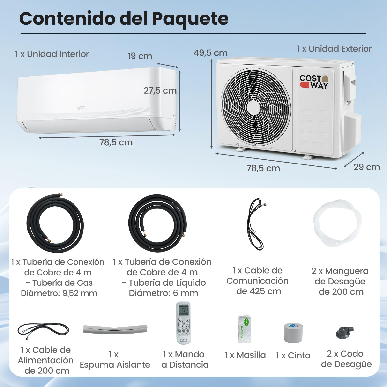 COSTWAY Aire Acondicionado Split, 3,4 kW,Aire Acondicionado Inverter con Calefacción con Bomba de Calor,Refrigerante: R32,Calefactor y Refrigerador con Kit de Montaje para Habitación 70m³(12000BTU)