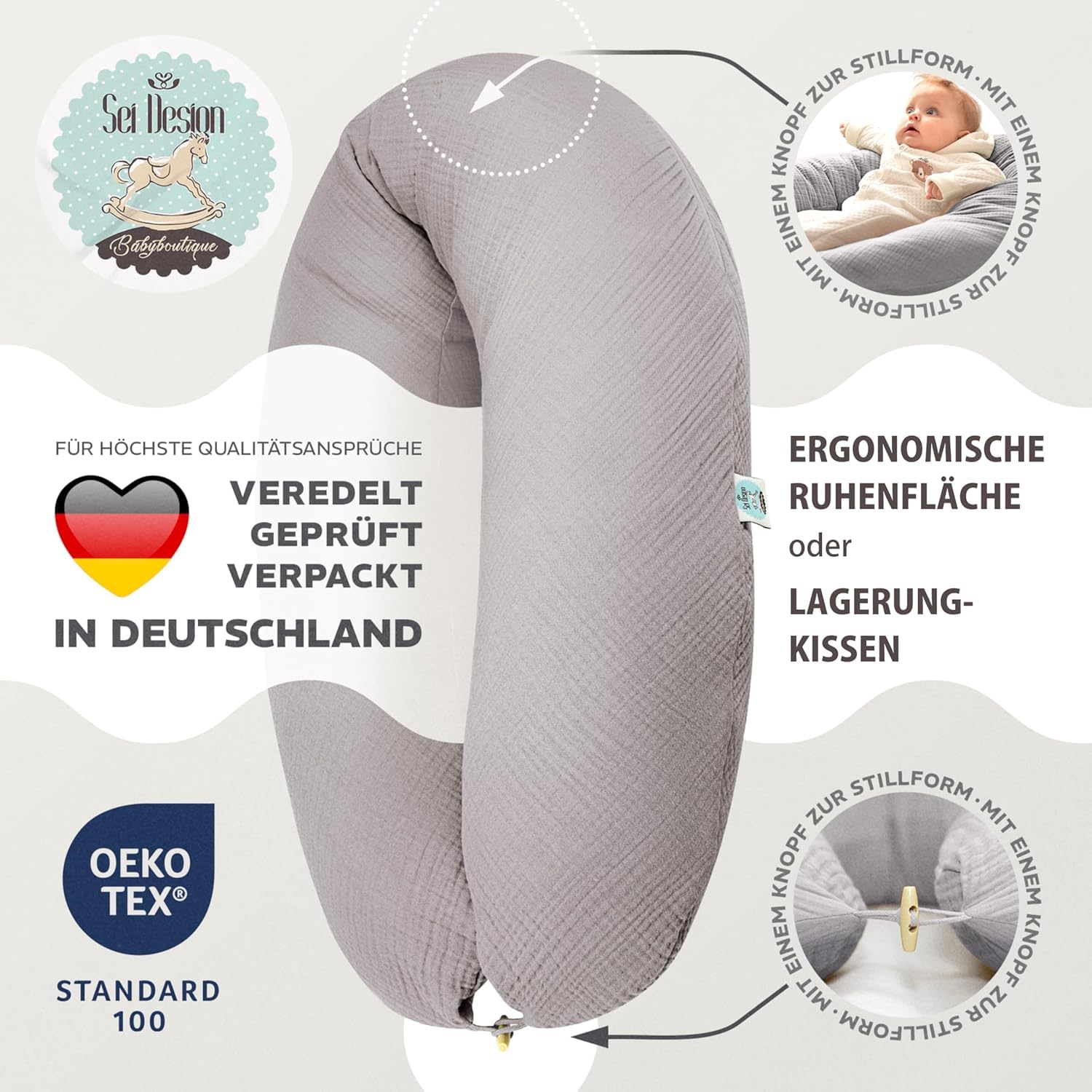 Sei Design XXL Stillkissen 190 cm x 35 cm Musselin-Bezug ergonomisch Schwangerschaftskissen Seitenschläferkissen Komfortkissen Bio-Baumwolle