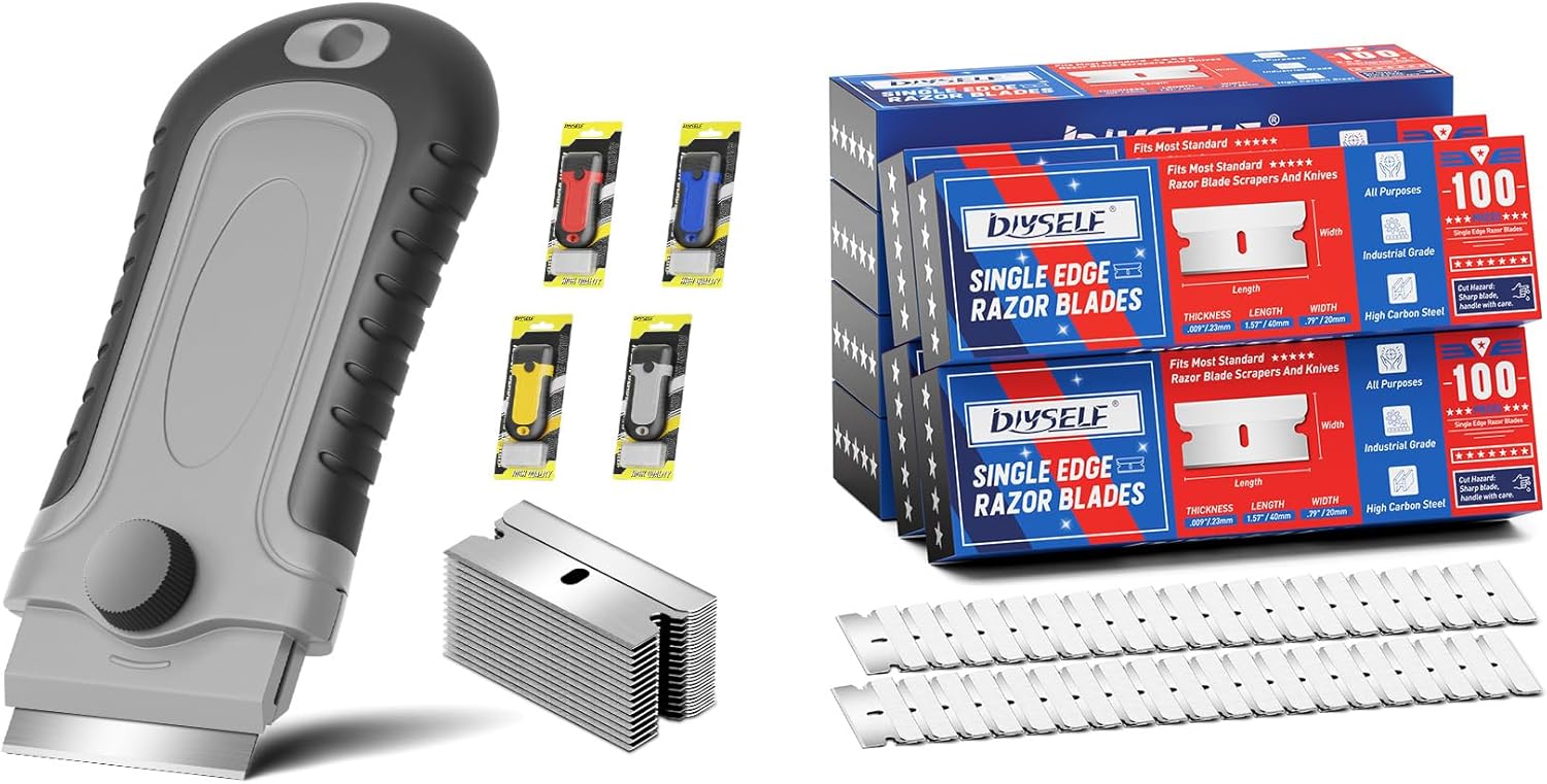 DIYSELF 1 Pack Razor Blade Scraper and 800 Pcs Single Edge Razor Blades