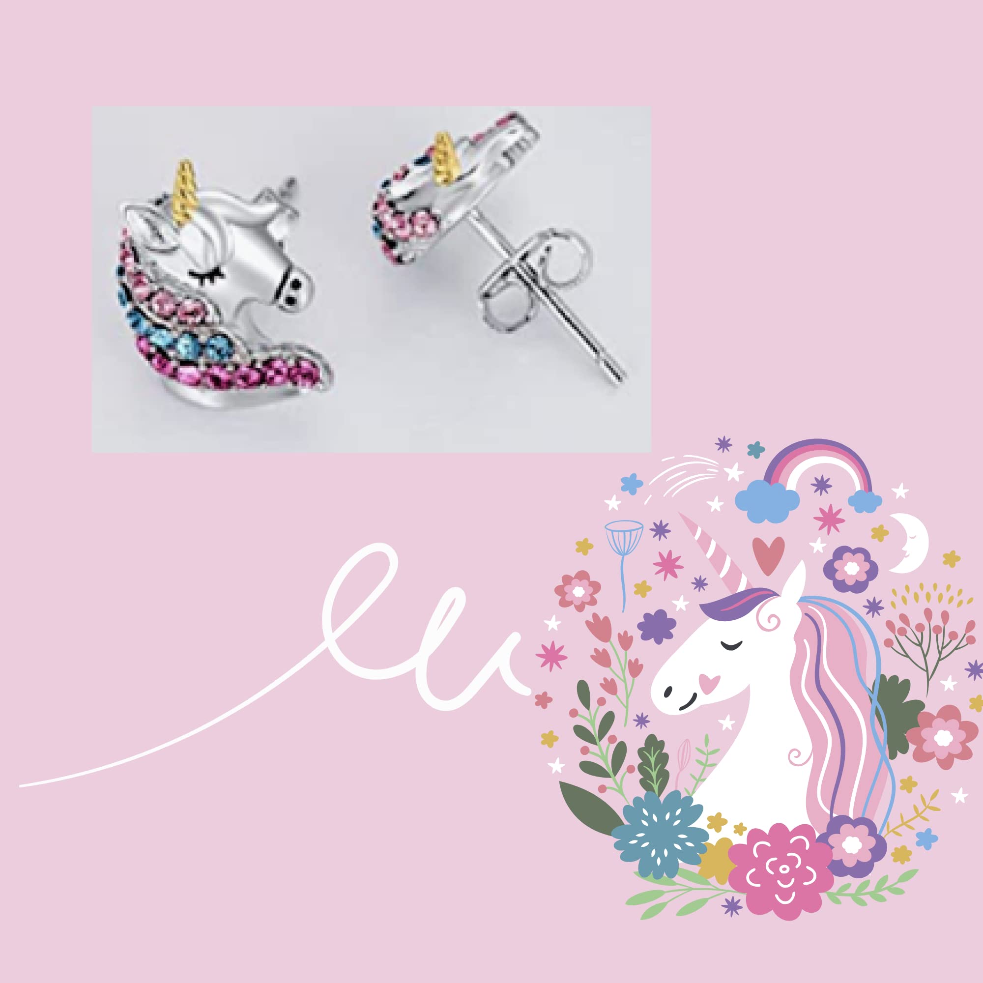 Pendientes de plata de ley 925 con diseño de mariposa, diseño de unicornio, con nácar, corazón y gotas para niñas, Plata, Circonia cúbica