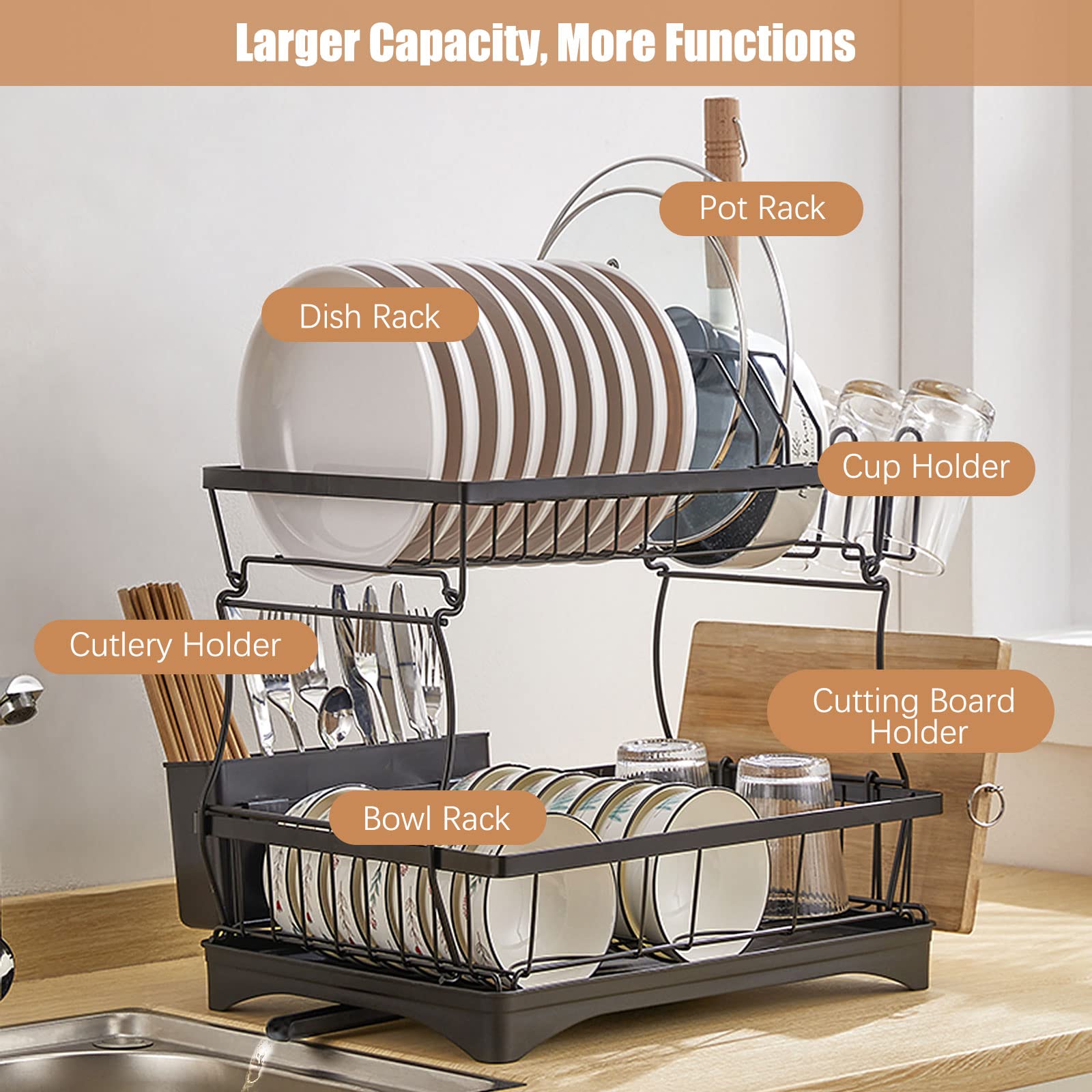 Escurreplatos de 2 niveles, escurreplatos con bandejas de goteo, soporte para cubiertos para tabla de cortar, cesta de vajilla para cocina
