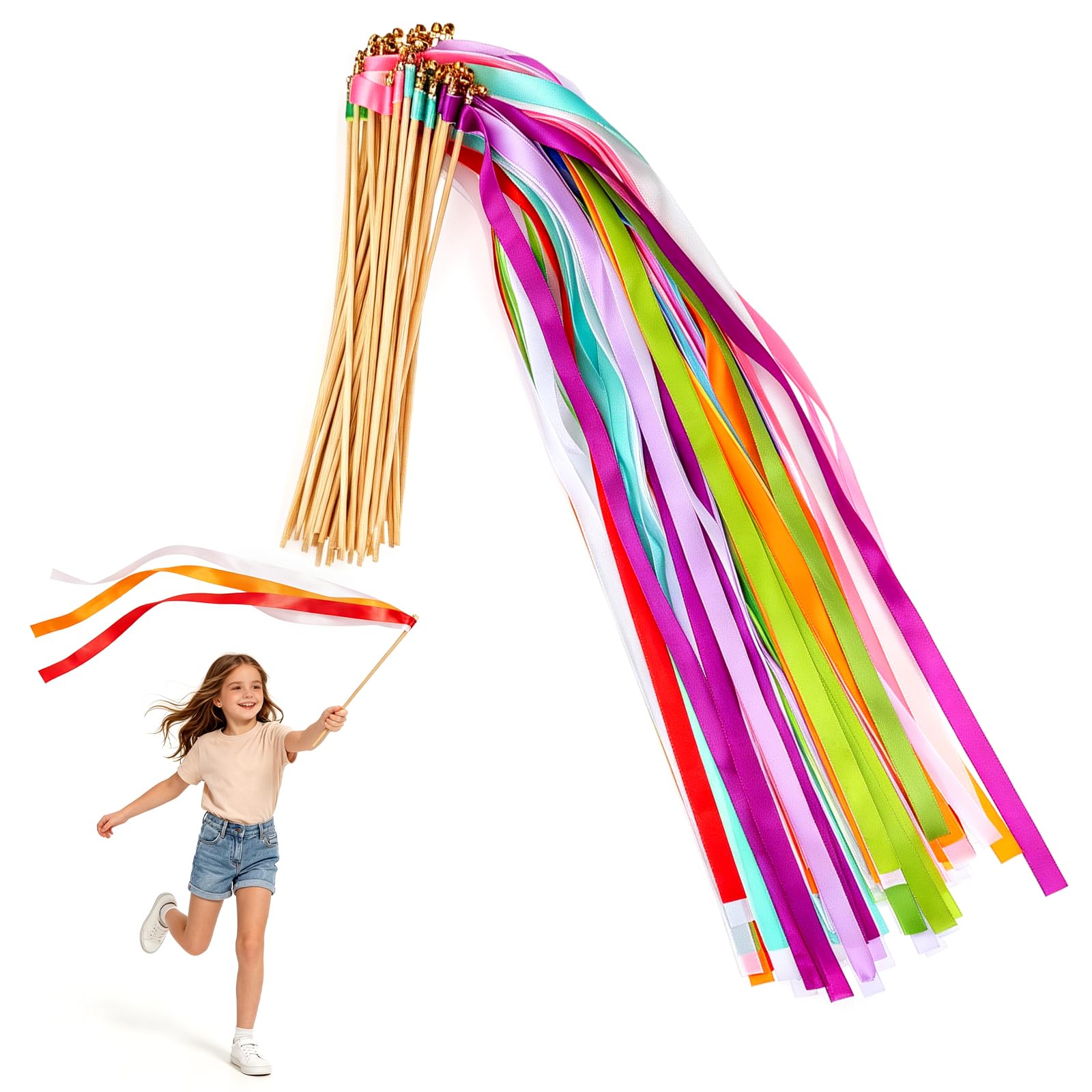 HEALLILY 50 Stück Regenbogen-Tanzbänder, gemischte Farben, rhythmische Gymnastik, Tanzstäbe, Feenstäbe, Glasfaserstäbe mit Stäben für Hochzeit, Party, Gastgeschenk, Gymnastik, Goodie Bag Stuffers