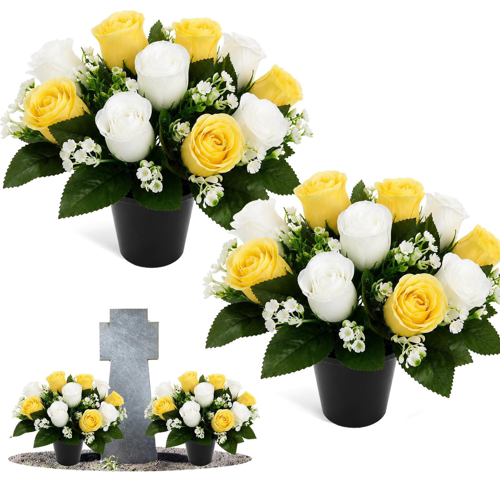 Maxmoc 2 Pack Artificial Grave Flowers with 25cm Pots for Graveside