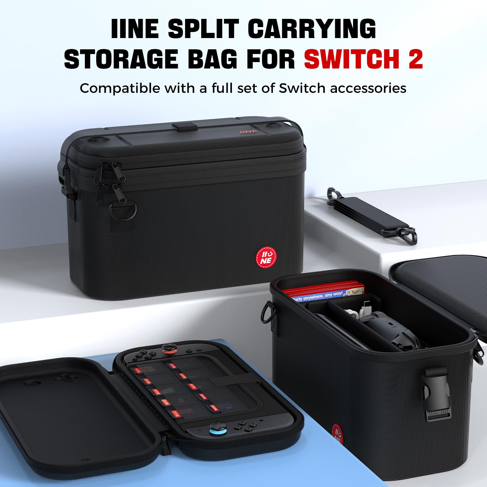 IINE Rozdzielana torba do przechowywania na Switch 2 – twarda obudowa podróżna o dużej pojemności, odpinane warstwy i regulowany pasek - kompatybilna z konsolą, stacją dokującą i akcesoriami (etui 2 w