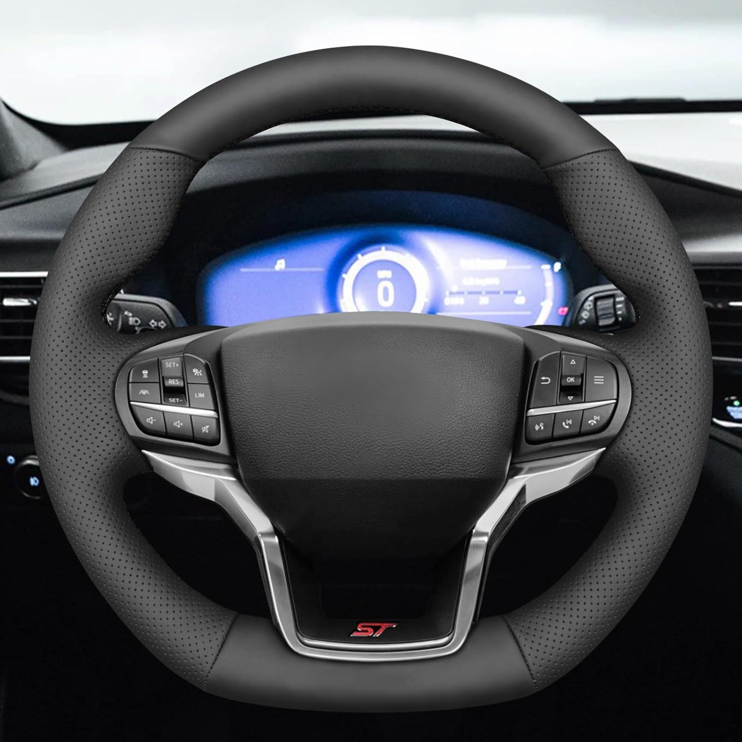 MEWANT Hand Stitch Black Smooth Perforated Faux Leather Steering Wheel Cover for Ford Explorer ST Line Timberline 2024