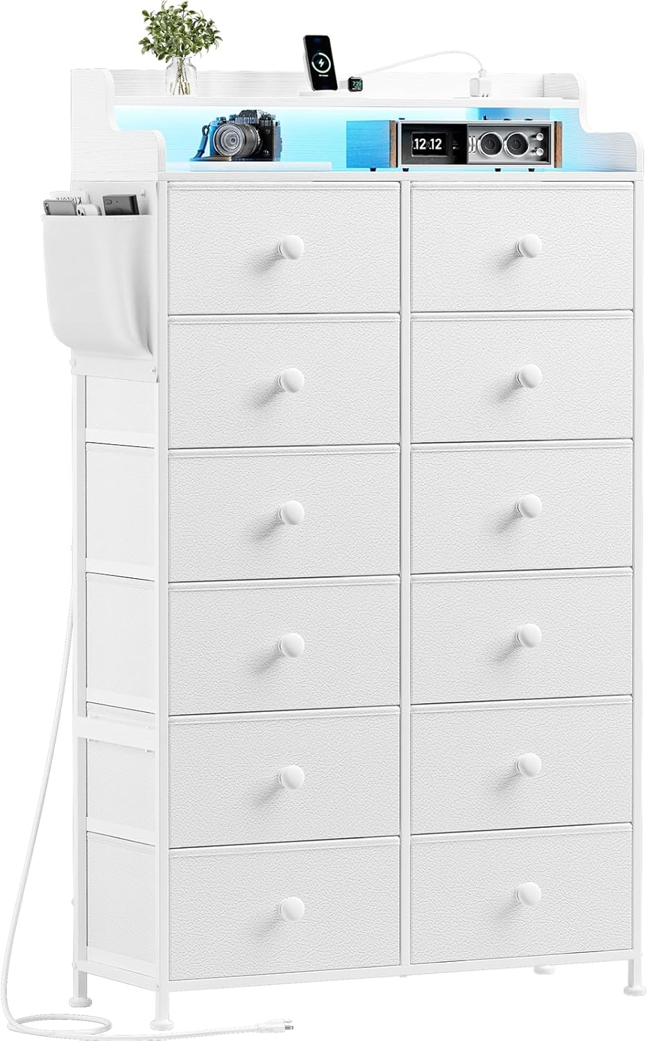 REAHOME Dresser for Bedroom with Charging Station and LED Lights, 12 Drawers Dresser TV Stand with Wooden Top, Tall Fabric Chest of Drawer with Sturdy Frame for Closet, Living Room, Hallway, White