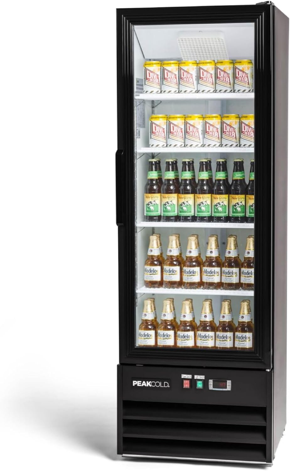 PEAKCOLD 1-Door Display Refrigerator - 9.1 Cubic Ft, Energy Efficient, Black Merchandiser Refrigerator With Glass Door, White Interior & LED Lighting - Small Commercial Display Cooler