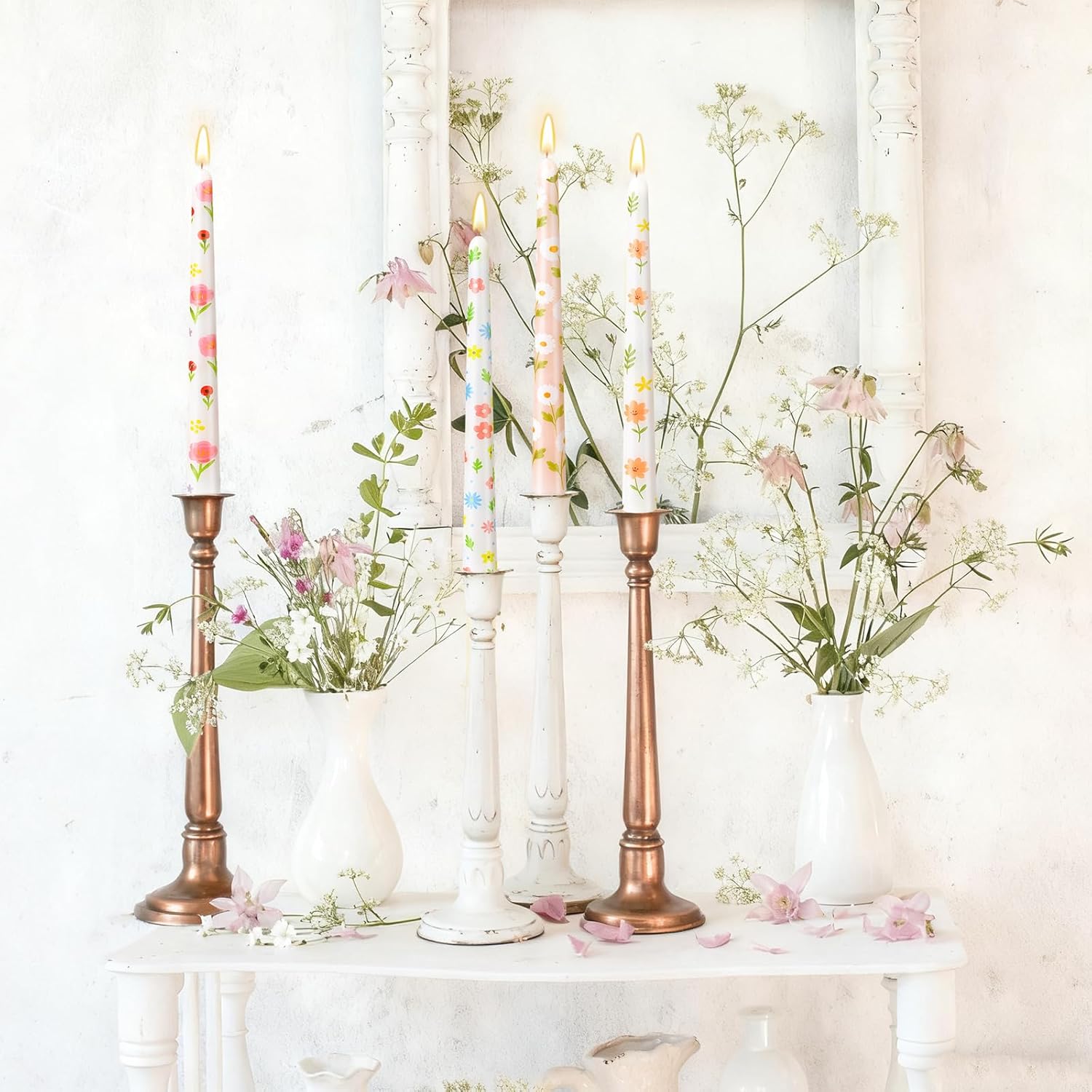 Treela 12 Pcs Wildflower Dripless Taper Candles 9.8″ Embossed Floral Candlesticks Unscented Candles for Wedding Centerpiece Spring Summer Garden Party Supplies Dining Table Decor, 3 Colors, 6 Designs