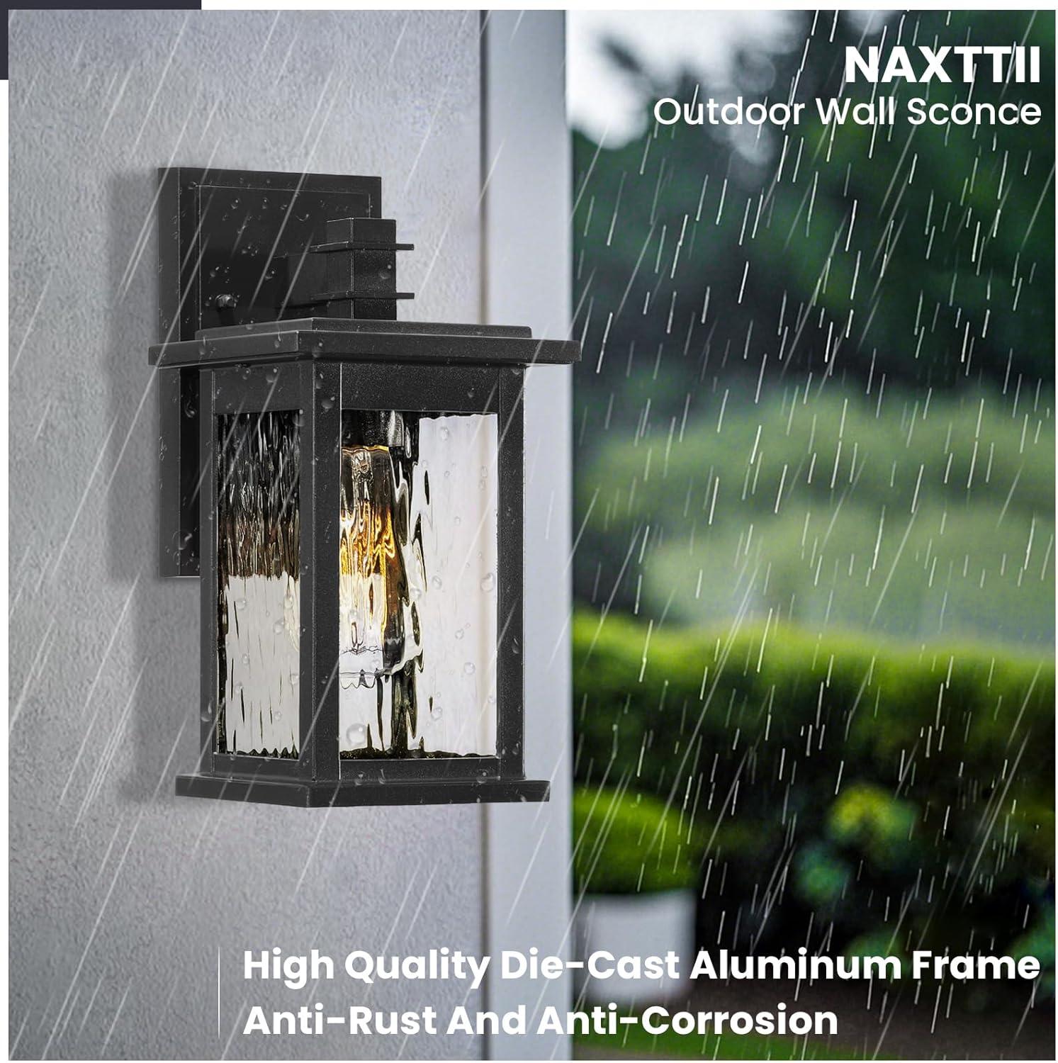 Outdoor Wall Lights Waterproof Black Exterior Llighting Fixtures with Water Ripple Glass 12 Inch Height Porch Lights Outdoor Anti-Rust Aluminum Material and E26 Socket