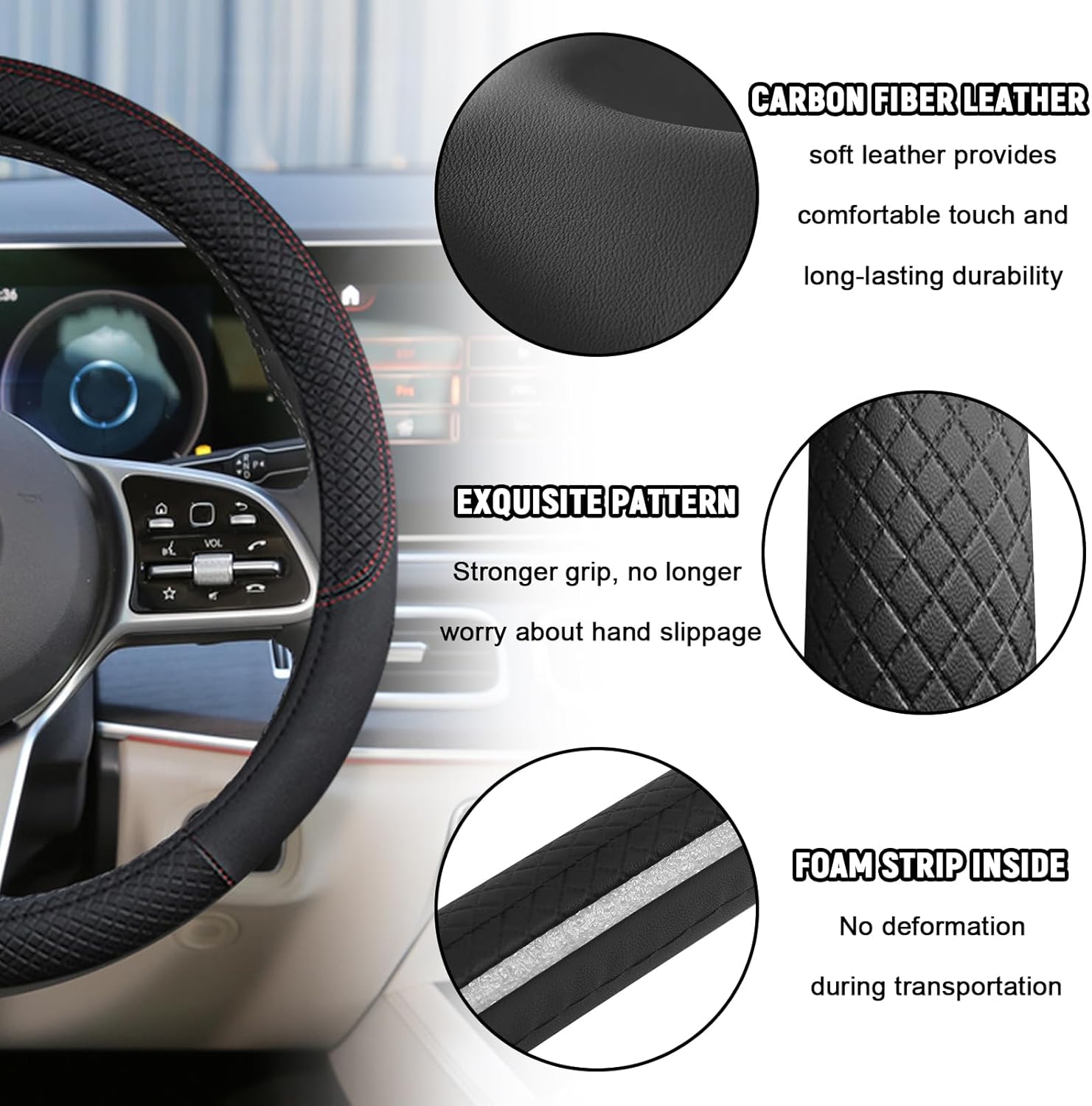 Car Steering Wheel Cover,15 Inch Microfiber Leather Steering Wheel Covers with Anti-Slip Lining,Breathable Odorless Car Wheel Cover Protector,Steering Wheel Accessories Interior for Women Men (Black) - Image 4