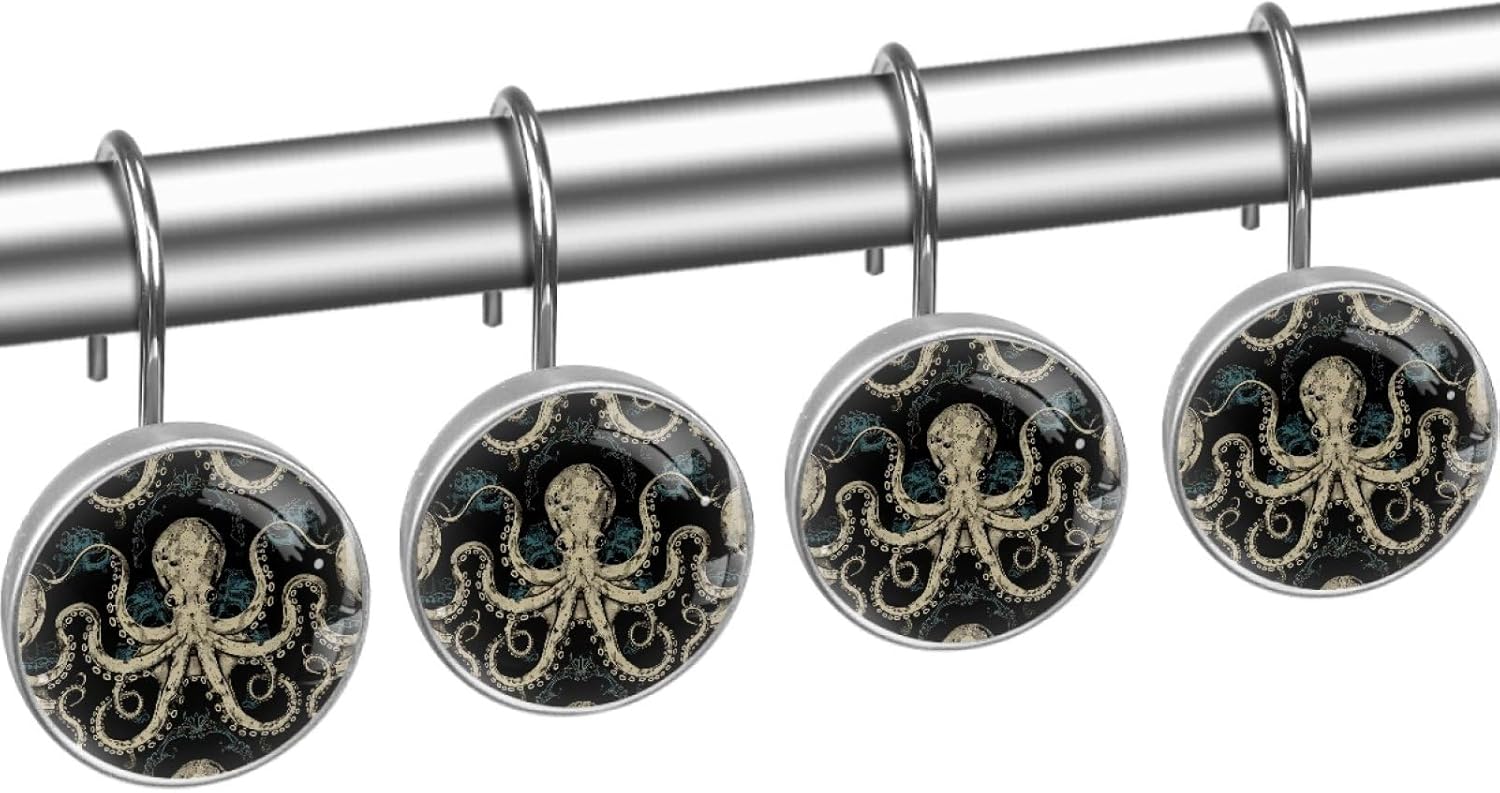 12 Pcs Vintage Octopus Glass Shower Curtain Hooks, Rust Resistant Hooks Rings for Bathroom, Stainless Steel Decorative Shower Rings for Shower Curtains Rods