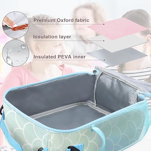 Miniatura 5 de Clastyle Lonchera con aislamiento para niños, bolsa de almuerzo con diseño de princesa sirena azul para niñas, grande y portátil, para picnic al