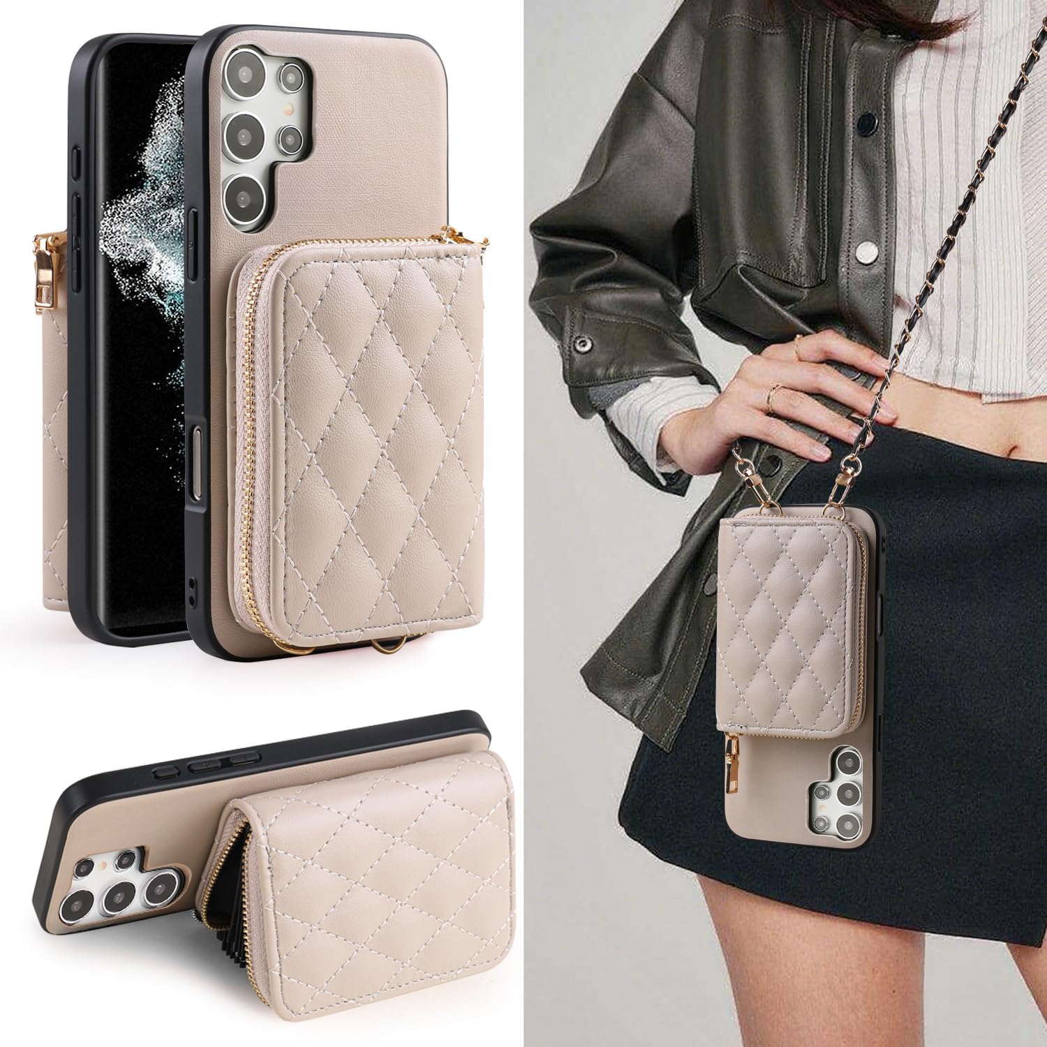 Argyle Wallet Cover for Samsung Galaxy S22 Ultra 5G with Screen Protector Shoulder Strap, Luxury PU Leather Zipper Organ Card Holder Stand Phone Case for S22ultra 22S S 22 S22ultra5g 6.8 Khaki