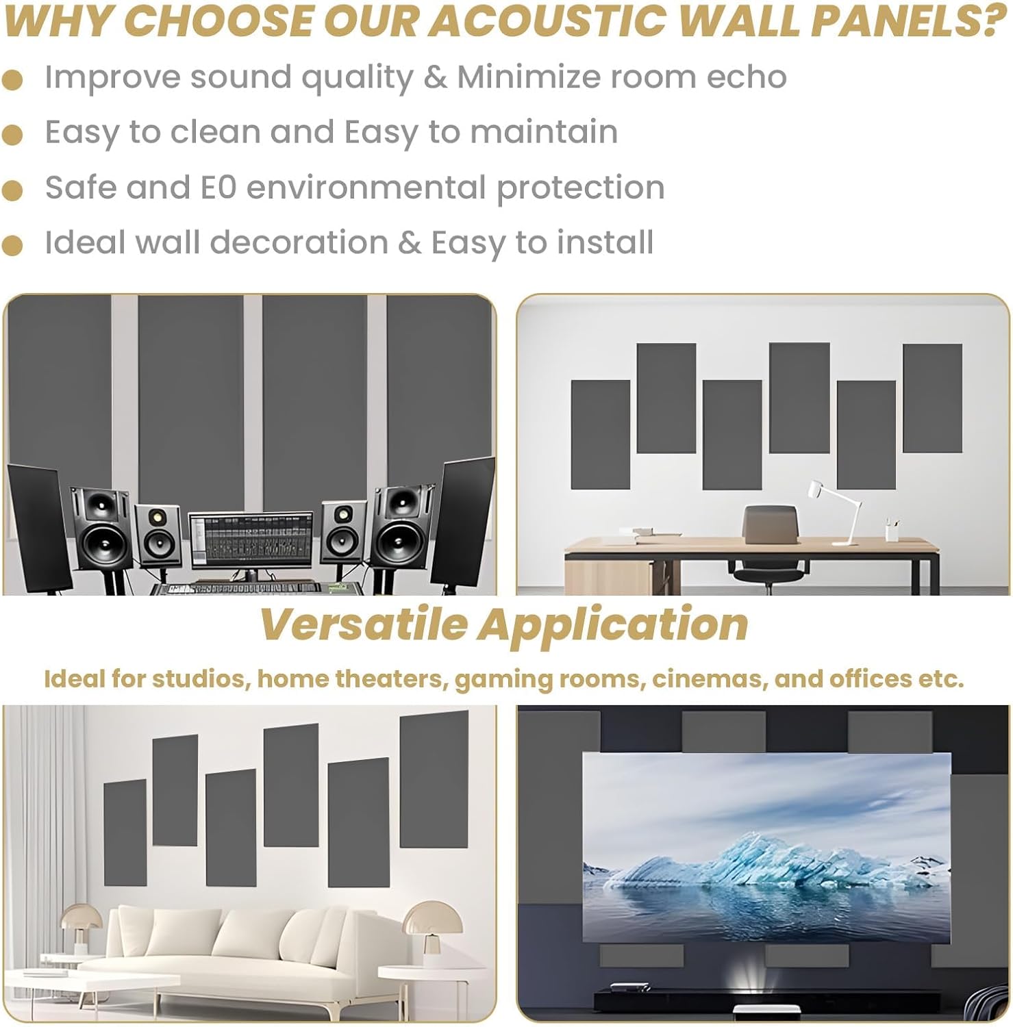 6PCS Fiberglass Acoustic Panels, Black Self-Adhesive Sound Proof Panels for Walls, 23.6"x11.8"x2" Thick Sound Absorbing Wall Panels for Sound Proofing Panels for Recording Studio Acoustical Treatments