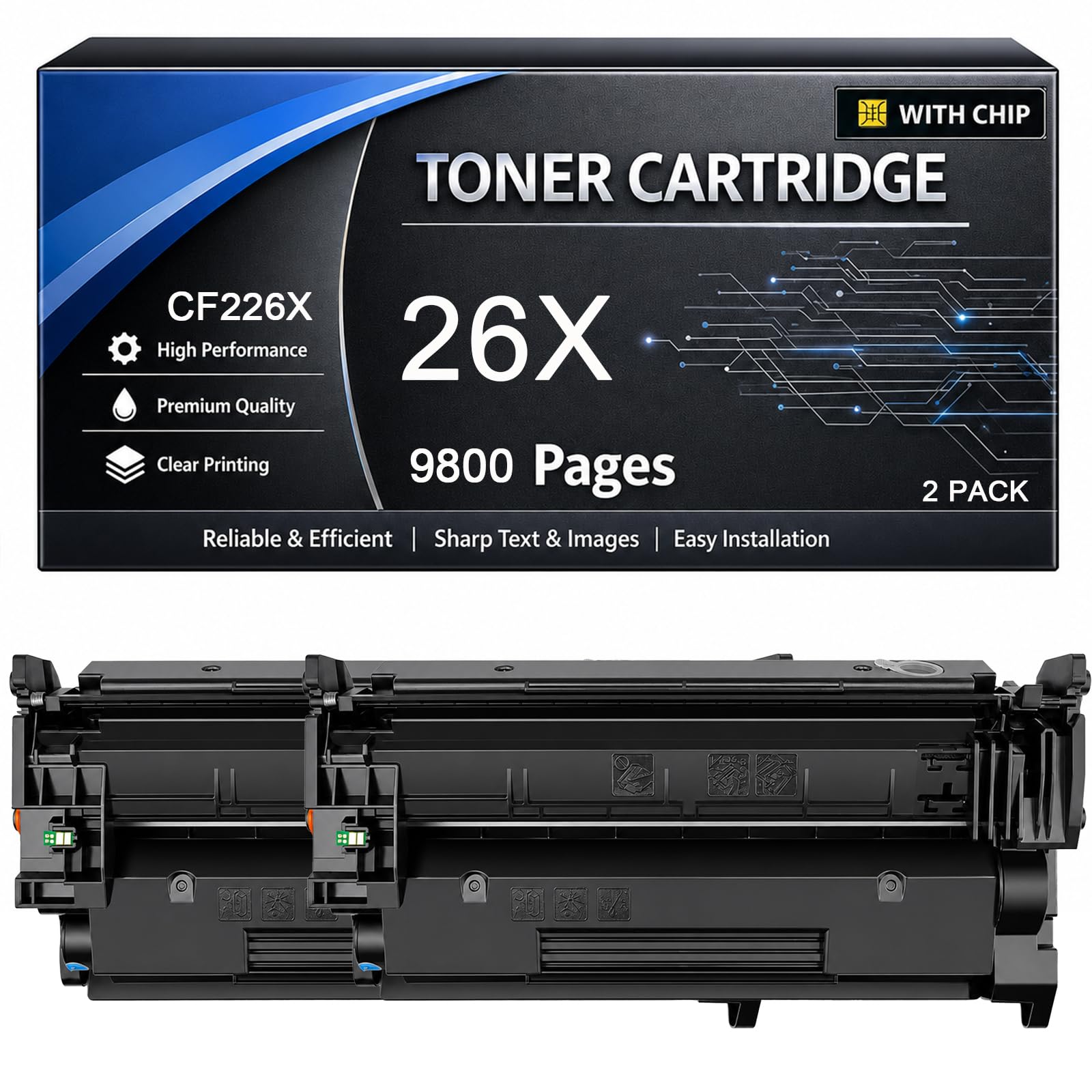 Cartouche de Toner 26X avec Puce Compatible pour HP 26X CF226X 26A CF226A Haute Capacité 9800 Pages pour LaserJet Pro M402d M402dn M402dne M402dw MFP M426fdn M426fdw M426dw Imprimantes,Black-2pack