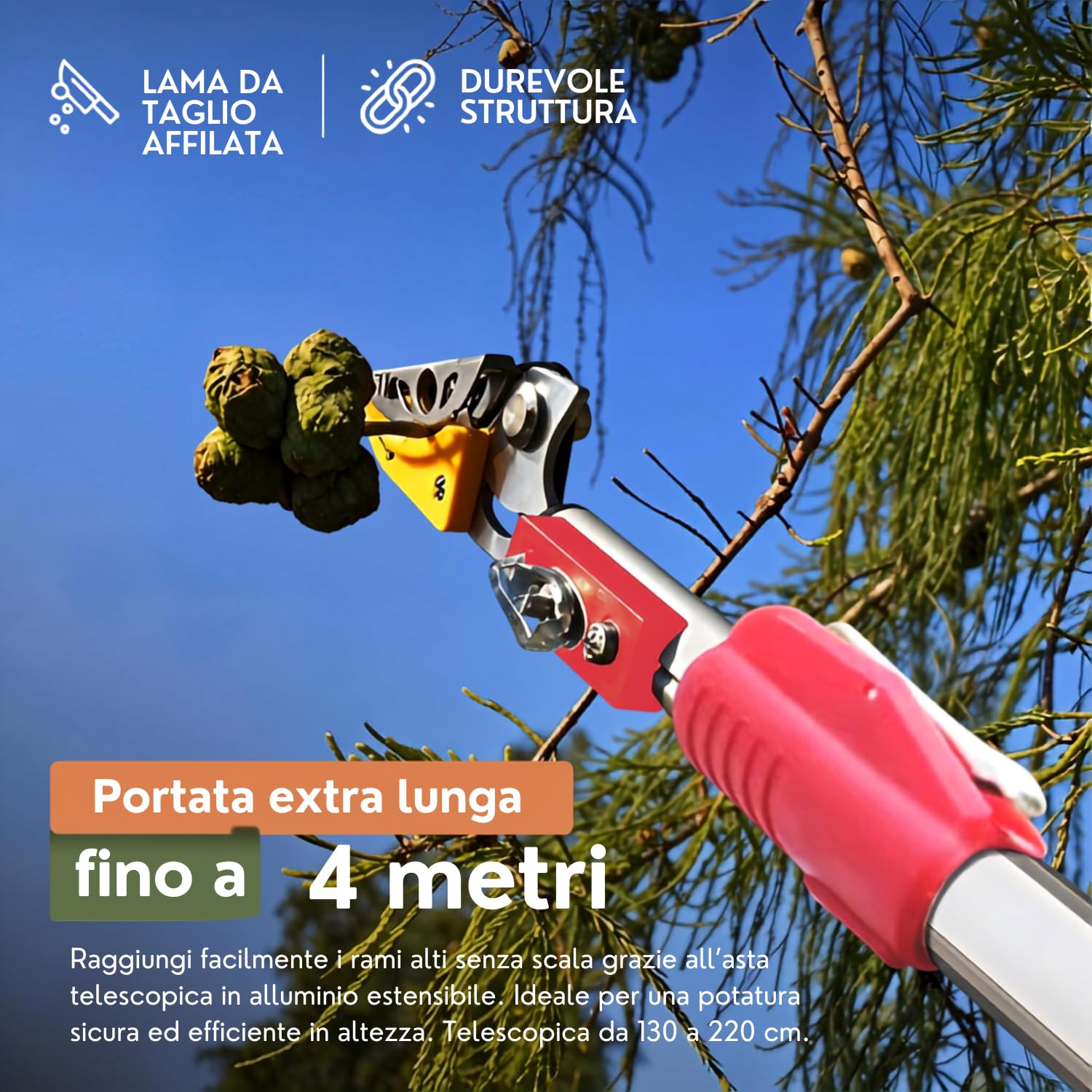 Cesoie Telescopiche da 130 a 220 cm, Telescopica Troncarami con Impugnatura Ergonomia, svettatoio telescopico con Cesoie per Potatura Bypass, Forbice Potatura con Manico Lungo