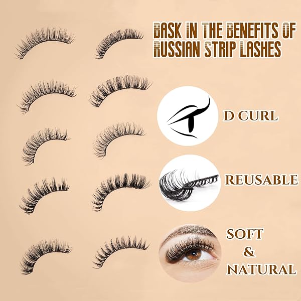 False Eyelashes Russian Strip Lashes D Curl 3D 10 Pairs Fake Lashes Natural False Eyelashe with Eyelash Glue Clear Adhesive Long Lasting Waterproof Multipack Eyelashes - 3