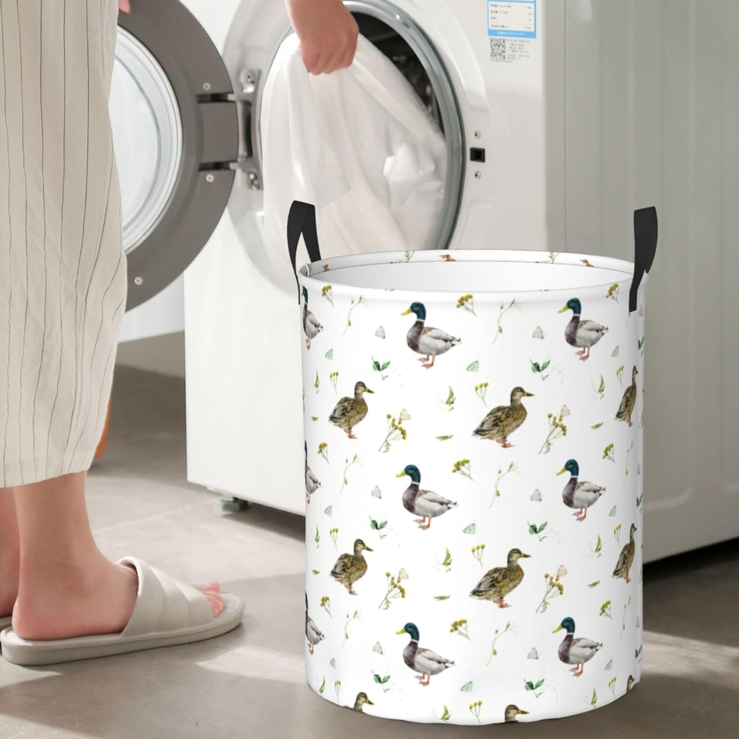 Laundry Basket Cute Mallard Duck Room Decor,Round Laundry Hamper Waterproof Dirty Clothes Hamper Collapsible Laundry Baskets With Handles,Toy/Clothes Storage Basket For Home Dorm Bathroom Decor