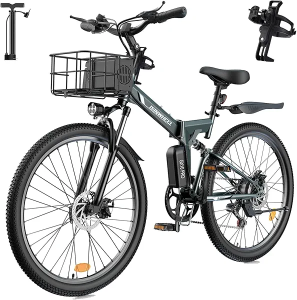 isinwheel M40 Folding Electric Bike for Adults 500W Ebike with Basket, Dual USB Charging Ports, Full Suspension, 7 Speed Gearshift, 20mph Foldable Electric Bicycles, 26" Electric Mountain Bi