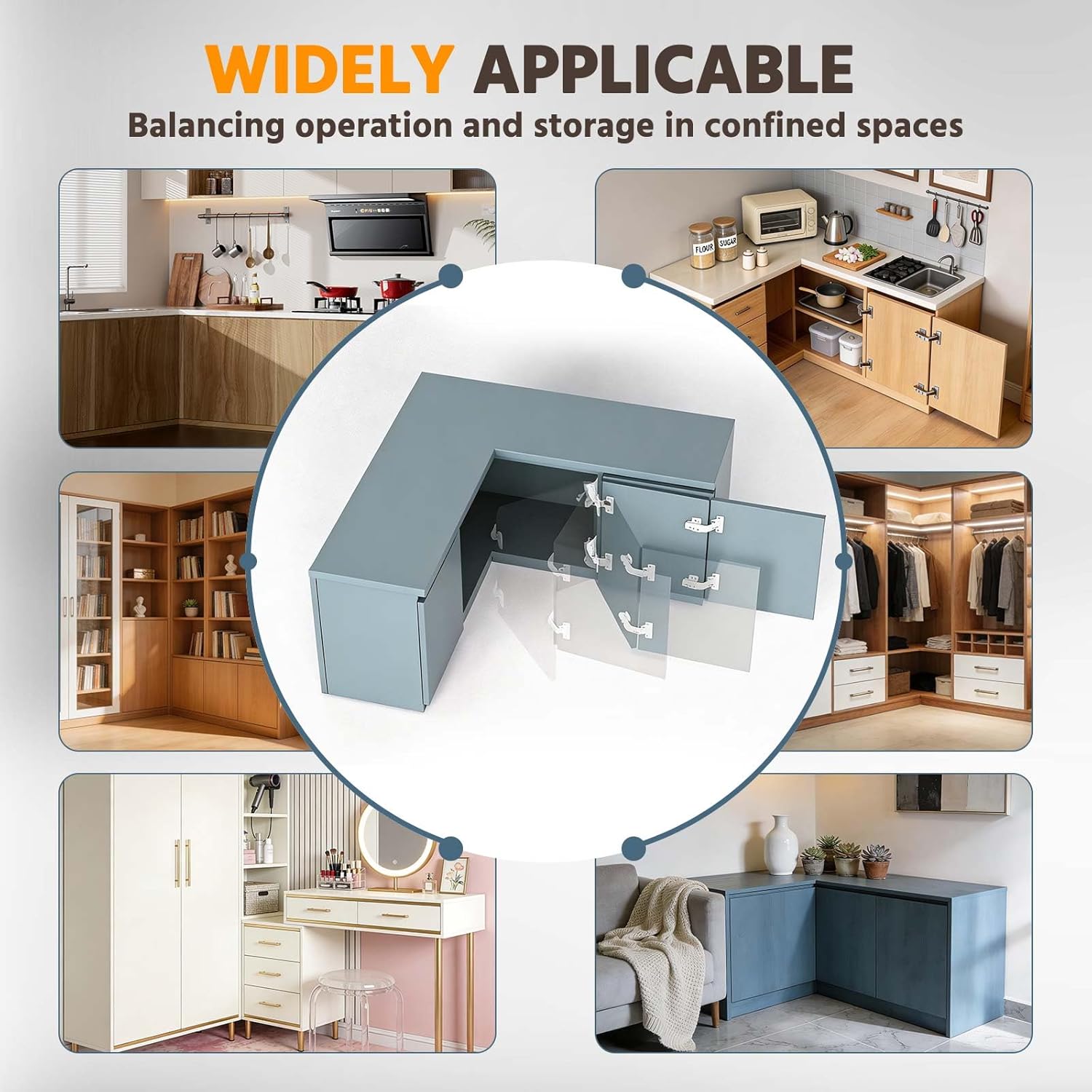 Lazy Susan Hinges 135° & 180° Soft Close for Corner Cabinet, Half-Overlay, 4 x 180° + 4 x 135° Hinges, Kitchen Cupboard Bifold Hardware with Silent Damper, Pie Cut Solution
