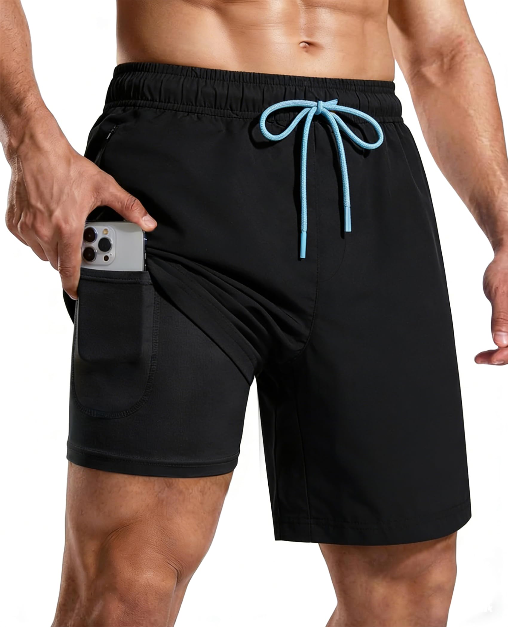 CoozySphere Men's Swimming Trunks with Compression Liner 2 in 1 Swim Shorts with Zipper Pockets Quick Dry Stretch