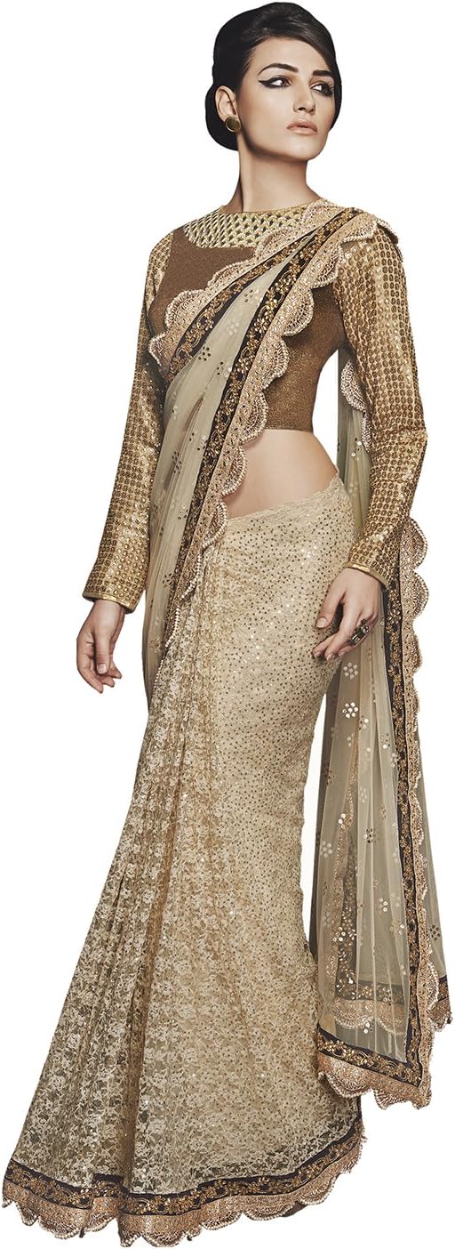 Go Traditional Women's Net Saree (White)
