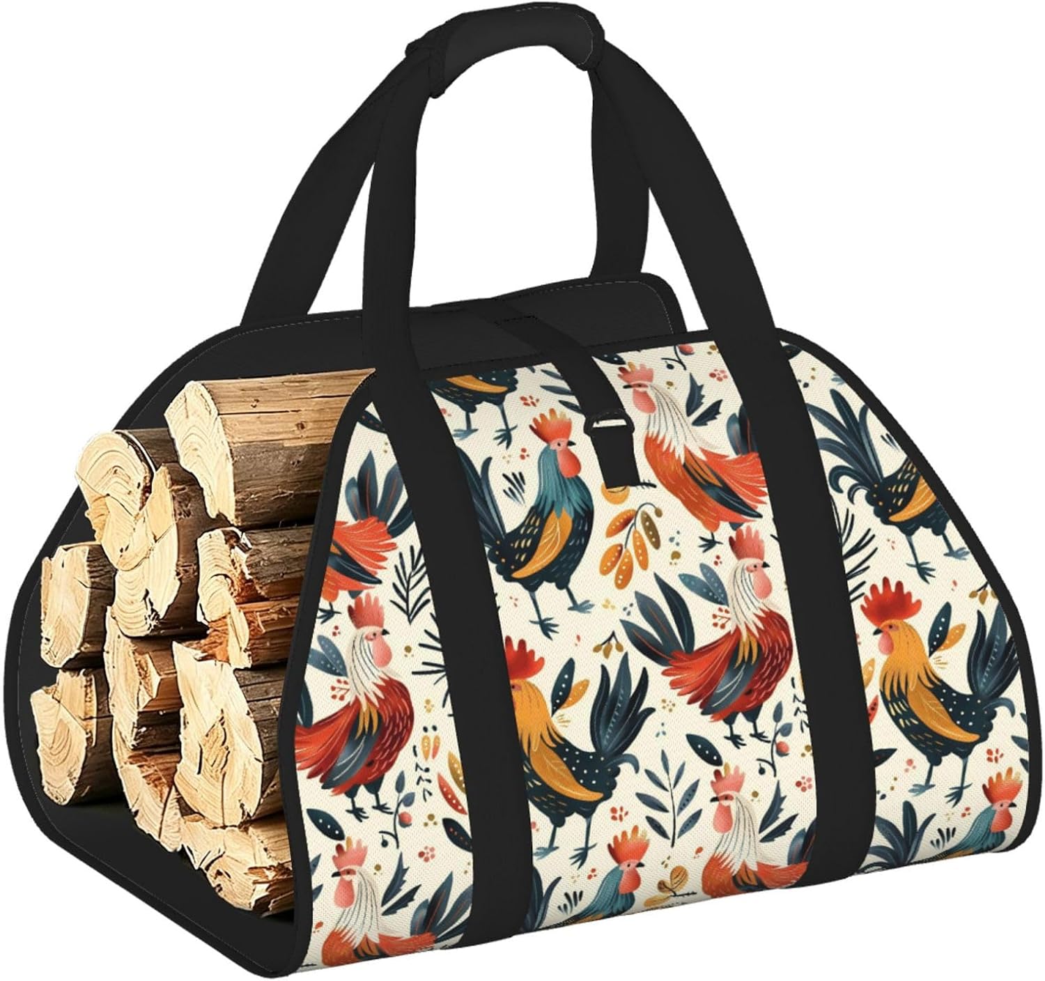 Colorful Roosters a Print Firewood Carrier Outdoor