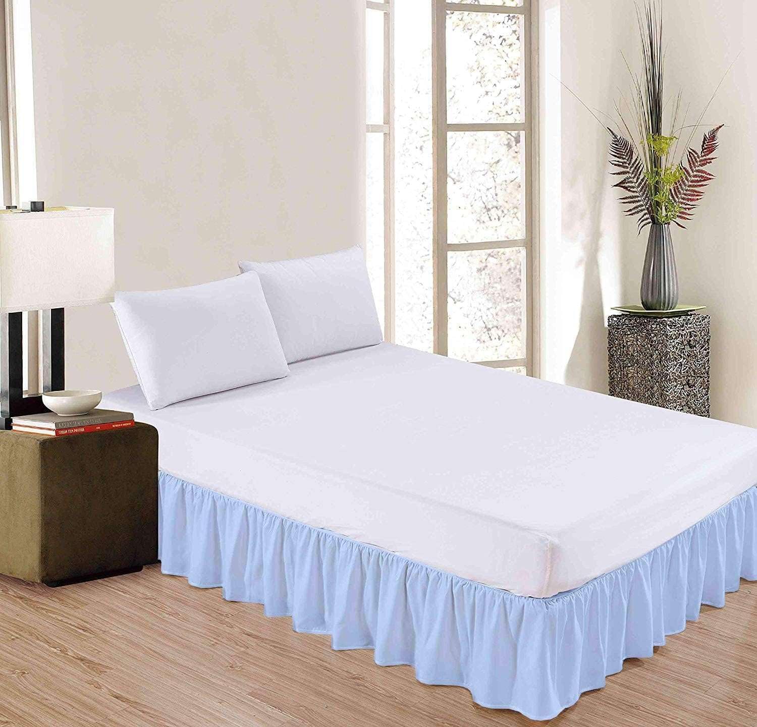 Light Blue Solid Ruffled Bed Skirt Twin-18 Inch Drop Split Corner, Microfiber Bedskirt with Platform Three Sided Coverage