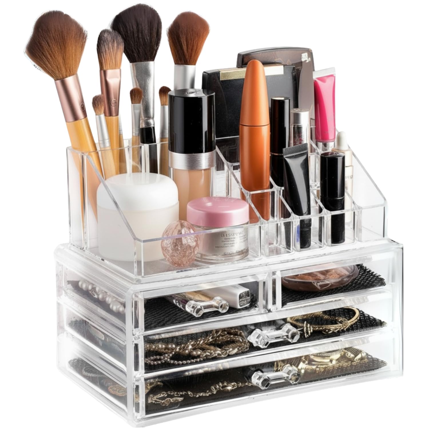Clear Cosmetic Storage Organizer - Easily Organize Your Cosmetics, Jewelry and Hair Accessories. Looks Elegant Sitting on Your Vanity, Bathroom Counter or Dresser. Clear Design for Easy Visibility.